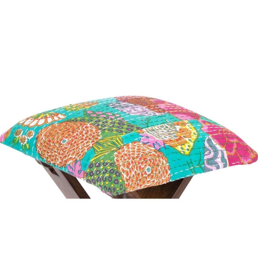 Dayton Sheesham Wood Mid Century Square Set of 2   Stools in Sea Green Fruit Print Kantha Upholstery