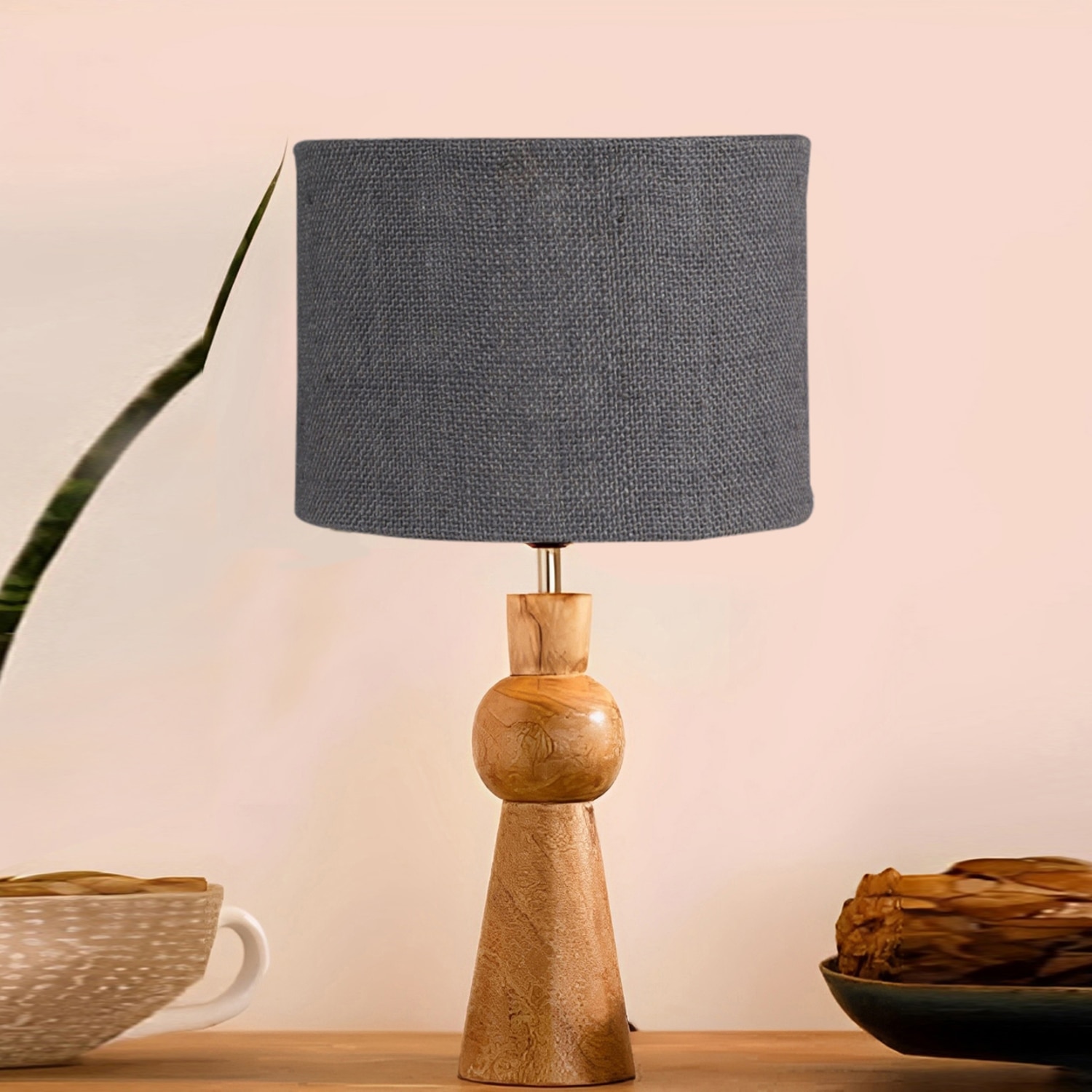 Devansh Grey Jute   Table Lamp With  Wood Natural Base (7X18.25 Inches)-17 - Devansh