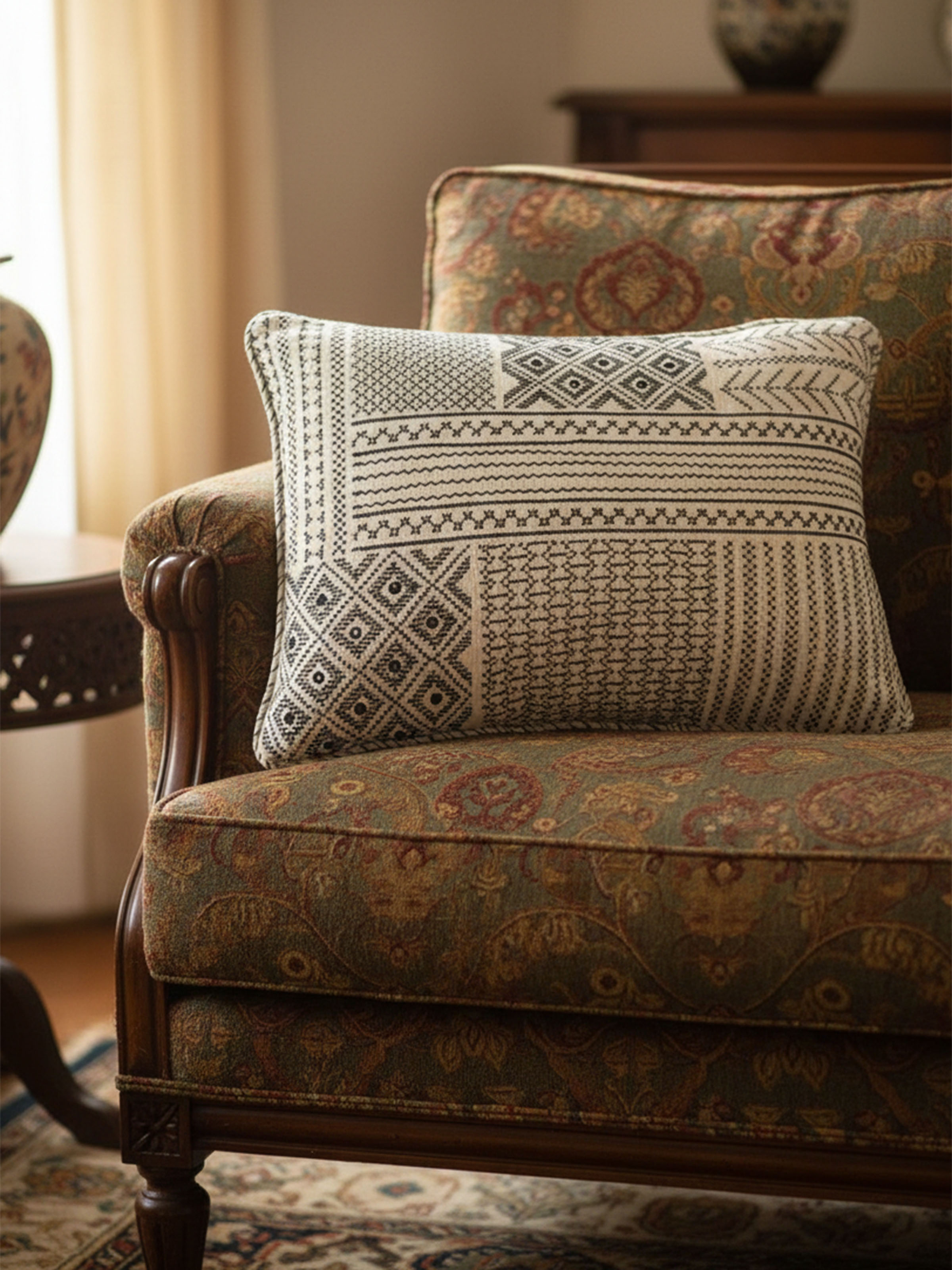 Folk Geo Hand Embroidered Patch Pattern Cushion Cover