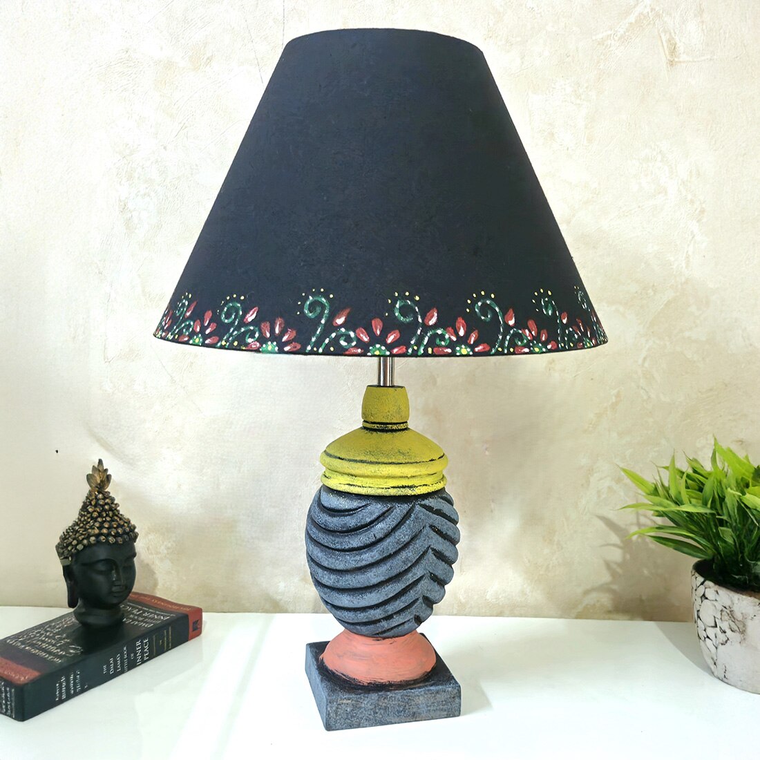 Multicolour Handpainted And Hancarved Distress Wooden Table Lamp