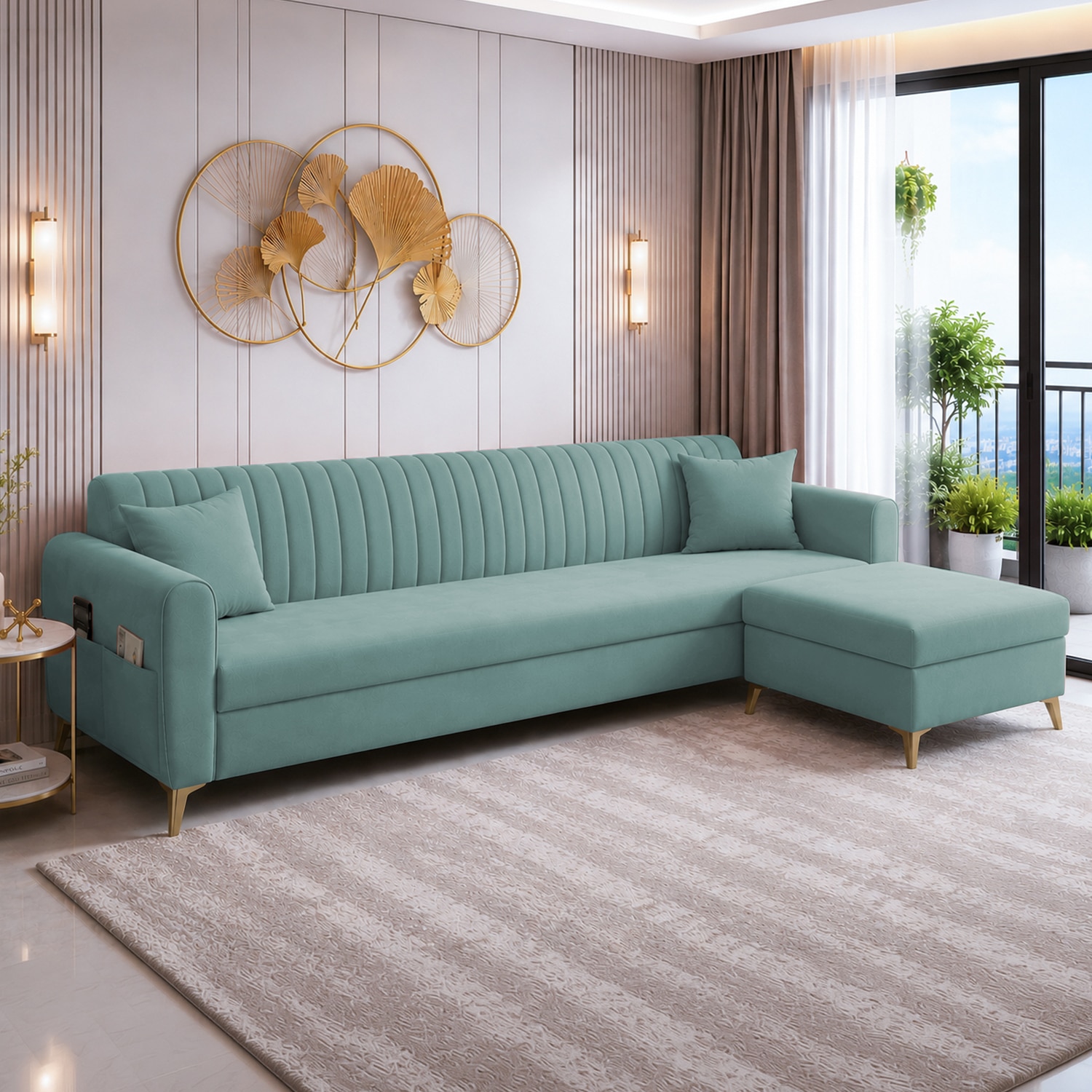 Daraco Velvet L shape 5 Seater Sofa in Touquise Color - Home Lifestylez