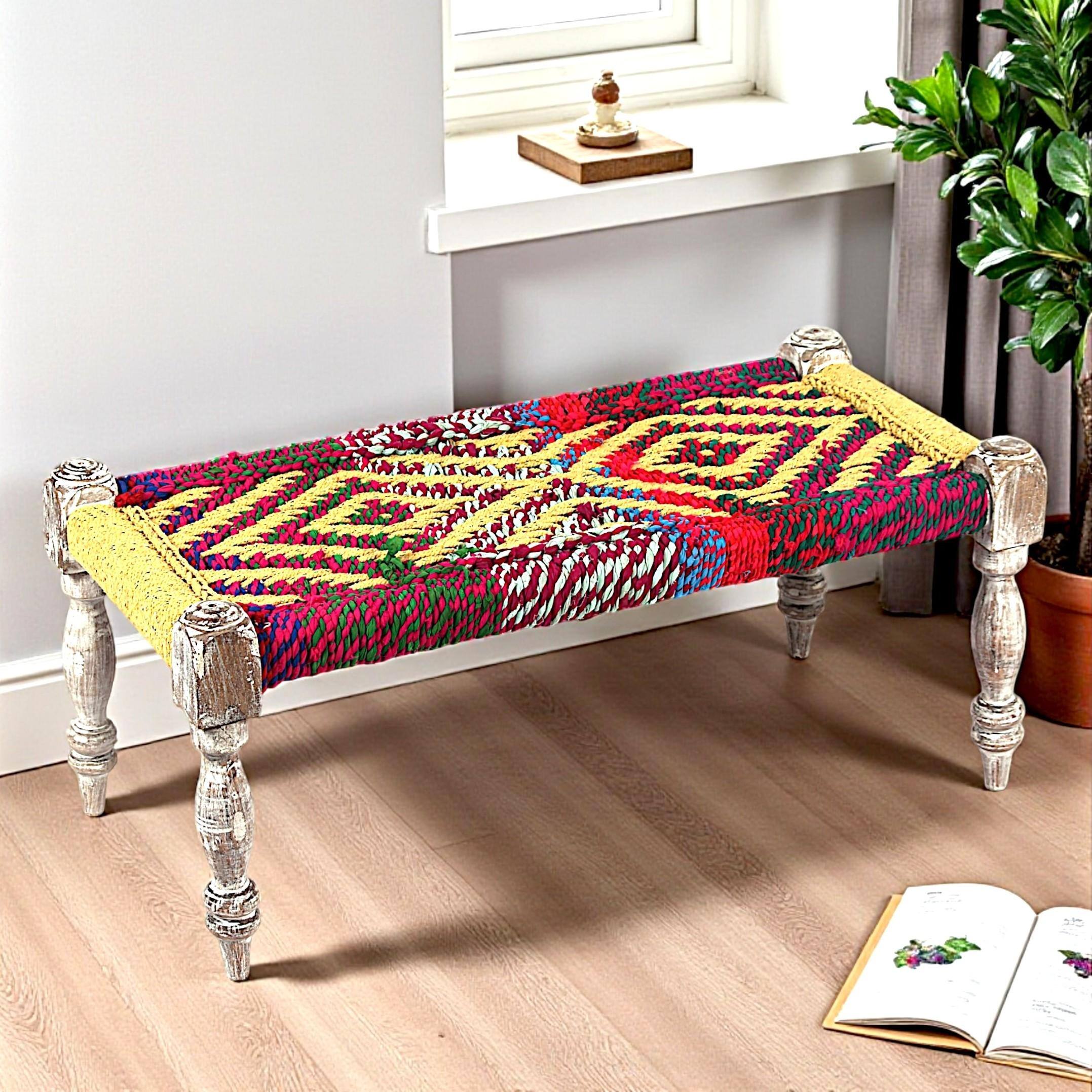 Oakville Sheesham Wood 2 Seater Maachi Bench In Assorted Multi-Colour Chindi & Yellow Rope Canning