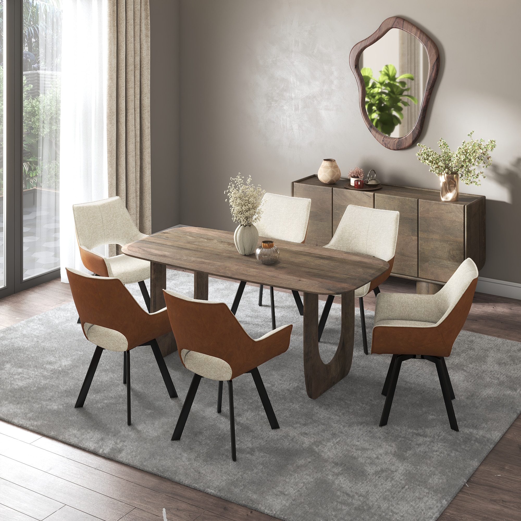 Aero Solid Wood 6 Seater Dining Table With 6  Casey Dining Chairs (Finish : Danish Walnut, Chair Colour : Beige & Tan) - Urban Ladder