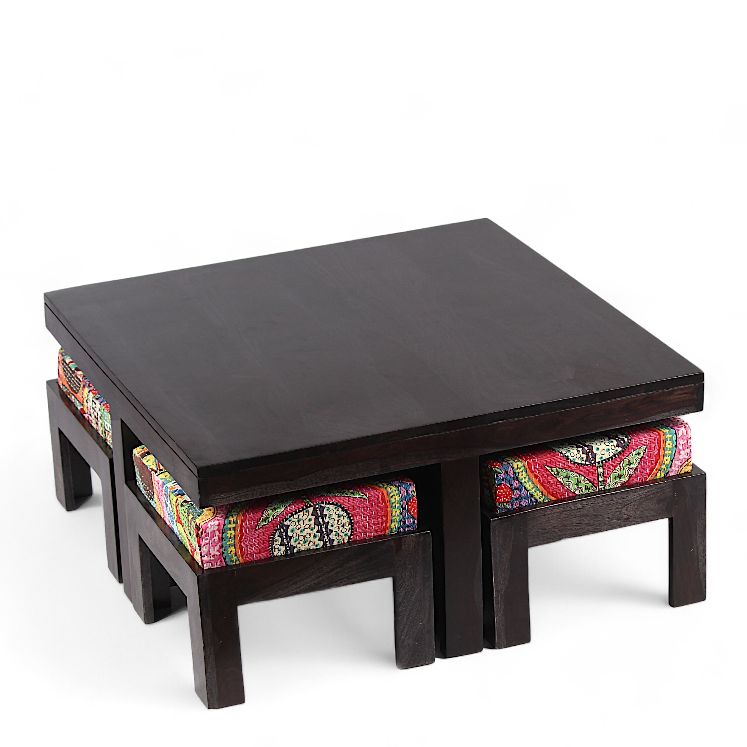 Blane Sheesham Wood Coffee Table With 4 Stools Set In Mahogany Finish & Multi Colour Israel Print Kantha Fabric Cushions
