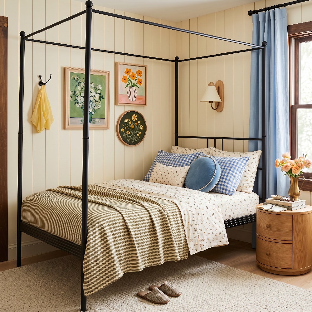 Perryn Four Poster Metal Non Storage Single Bed in Satin Black Finish - Original Bed Co.