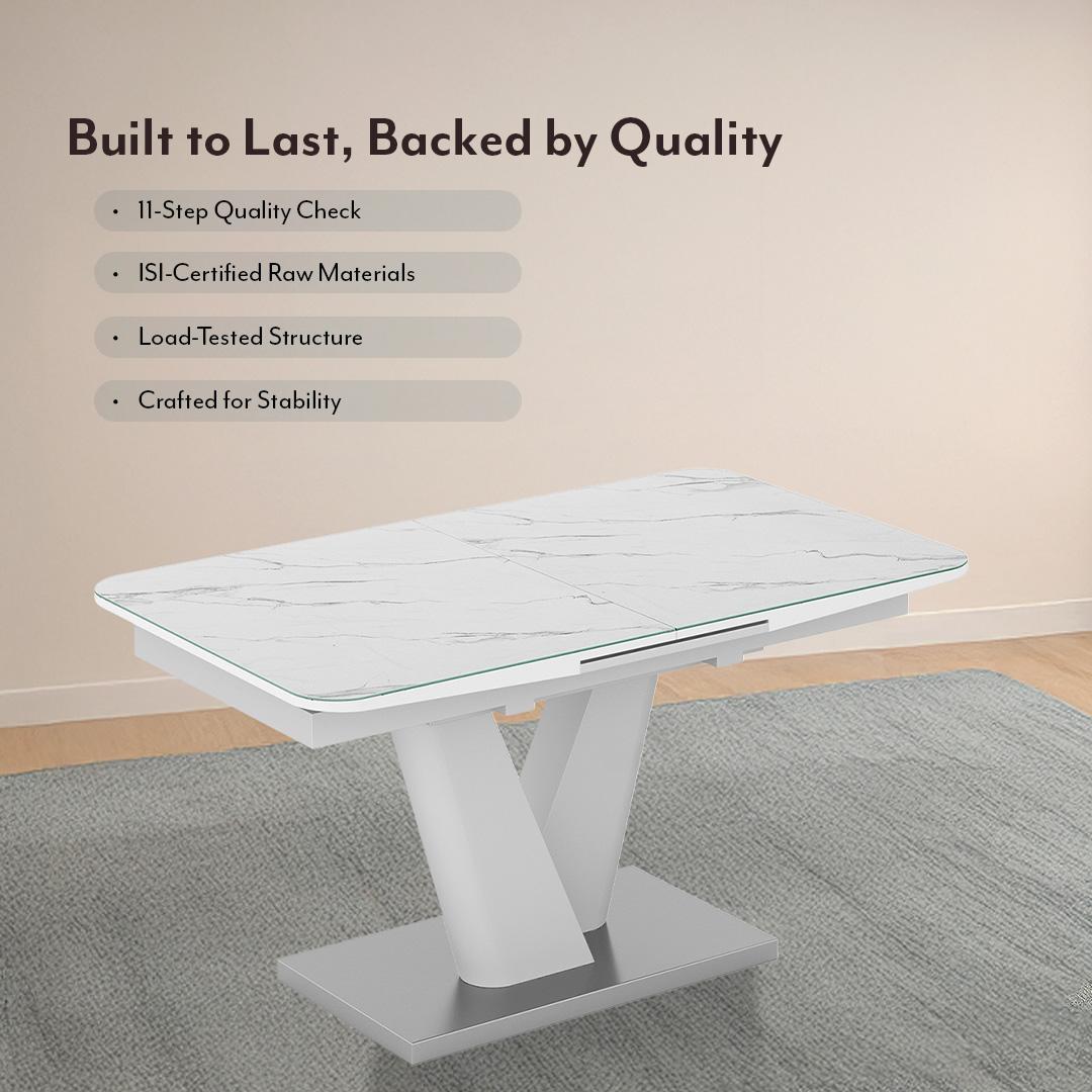 Caribu 6 To 8 Extendable Dining Table In White Marble Color With High Gloss Finish