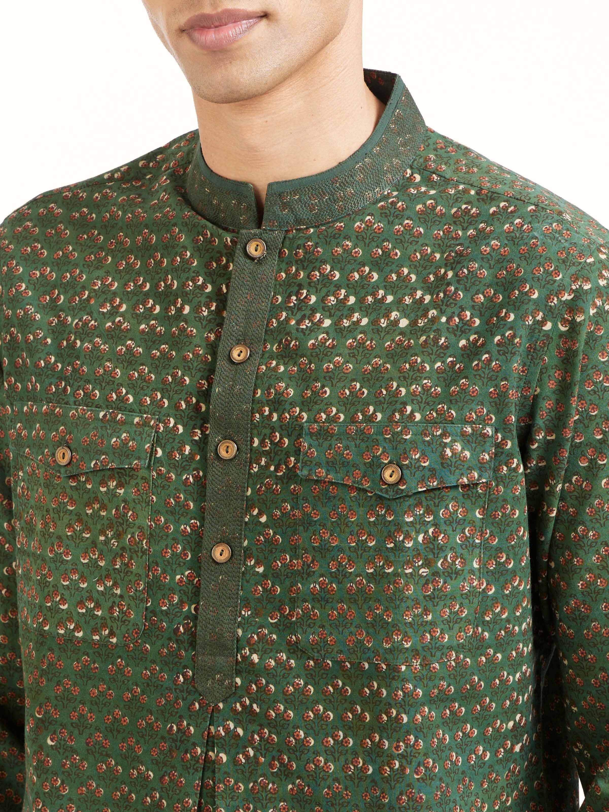 Detail view of teal cotton phad block printed kurta showing fabric texture and print detailing