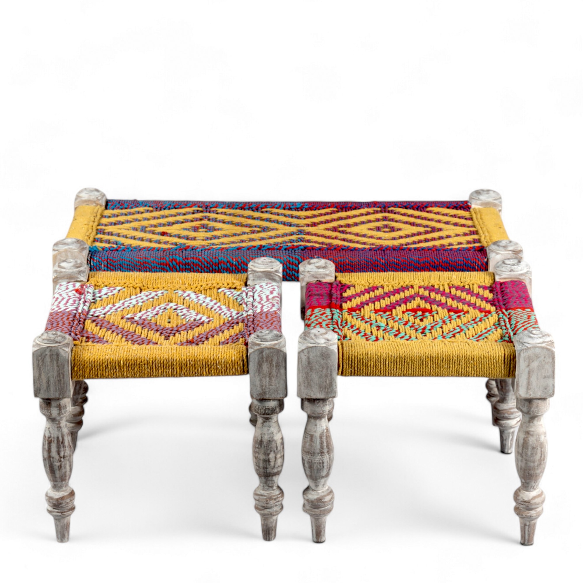 Oakville Sheesham Wood Vintage Seater Maachi Bench Set  2 Stools In Multi Colour Chindi  Yellow Rope