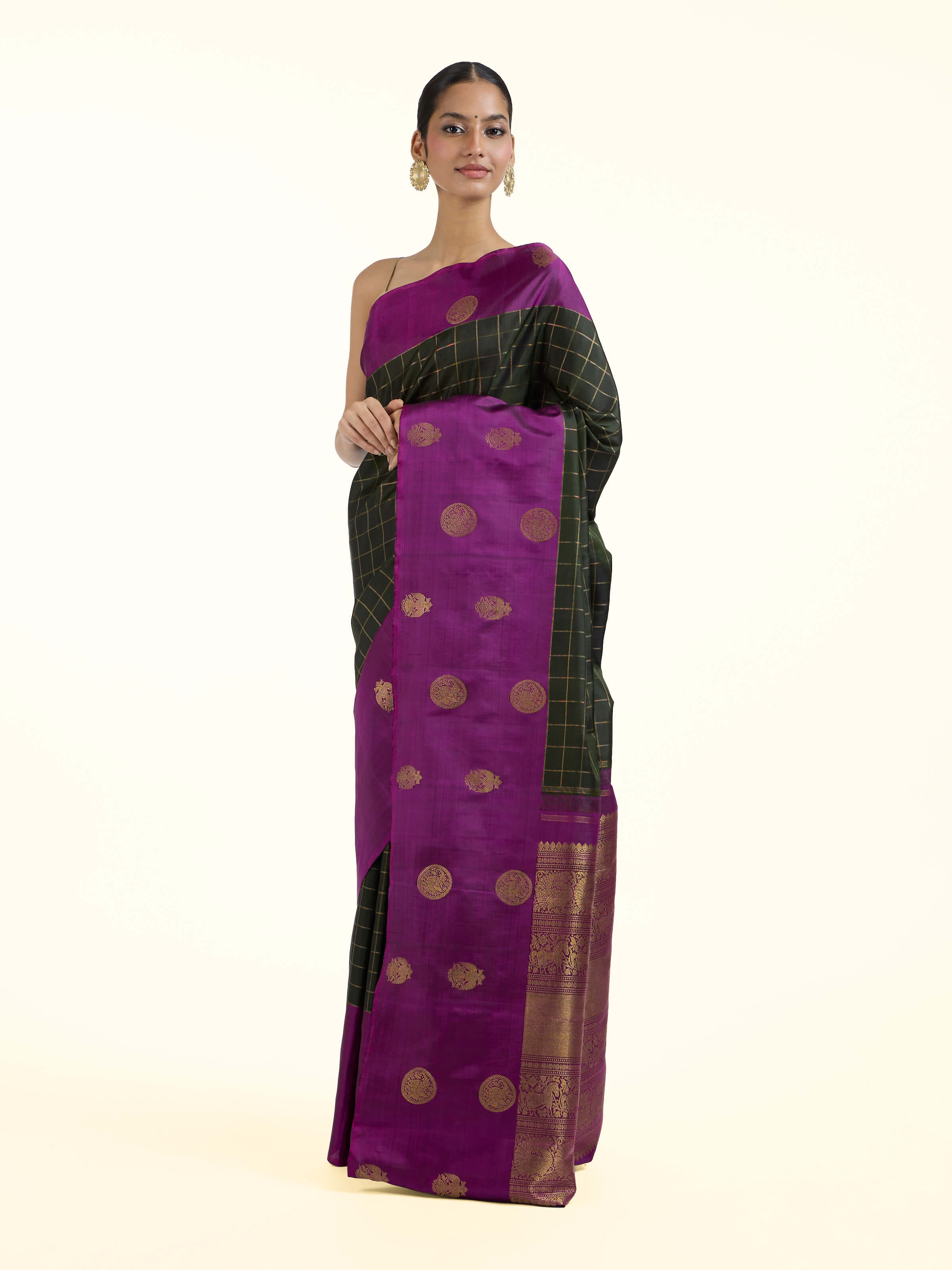 Side view of black silk Kancheepuram saree with graceful drape