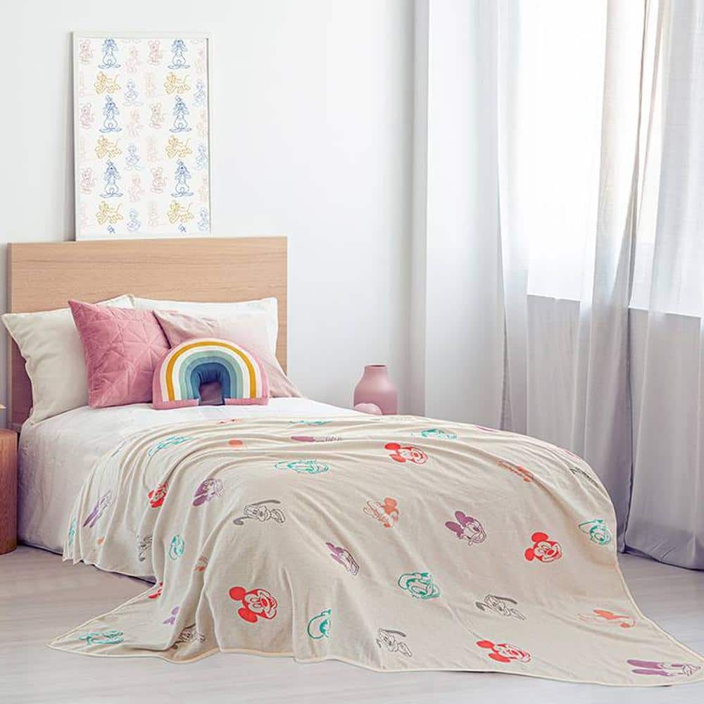 Mickey & Friends Faces - Disney Cotton Knitted Single Bed Ac Blanket For Kids to Use In All Seasons
