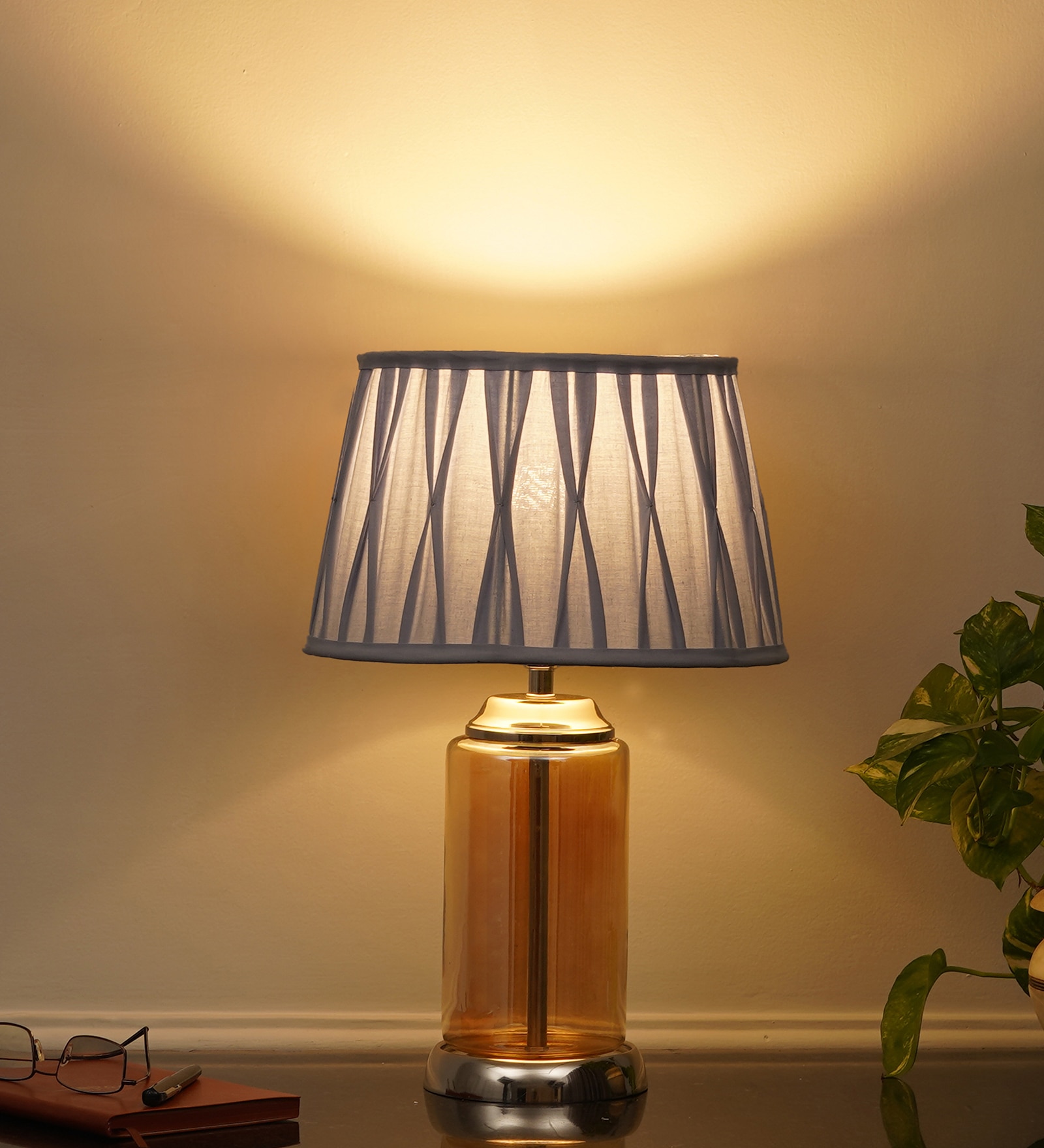 Duffield Amber Glass Table Lamp With  Cotton Shade - Kapoor Lamp Shades