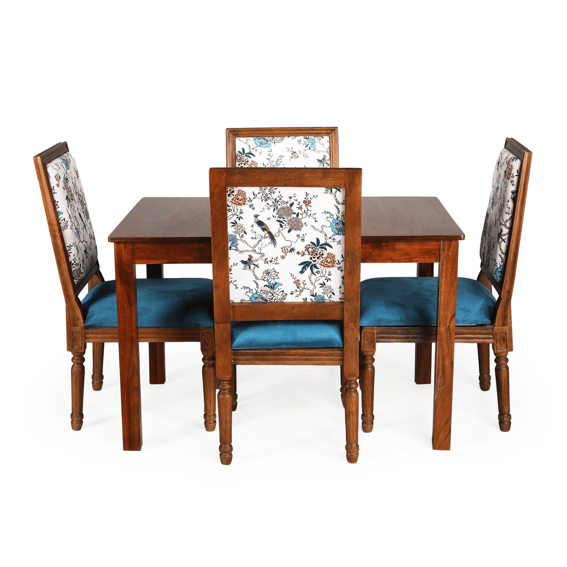 Globally Indian Sheesham Wood 4 Seater Dining Table Set With 4 Solid Wood Upholstered Chairs –  In Blue Color