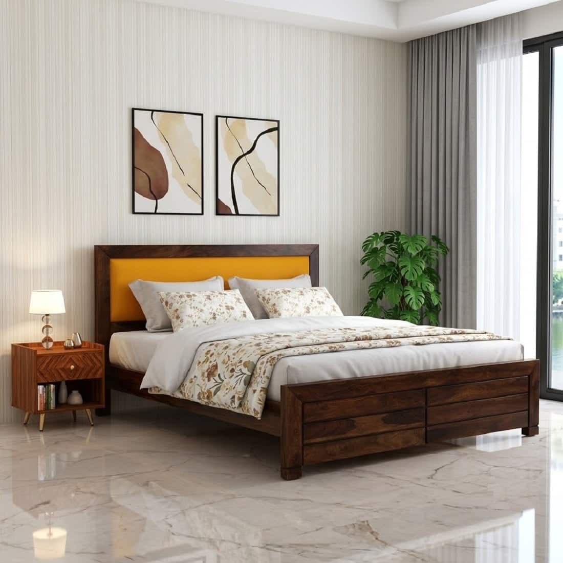 Dhunja Solid Sheesham Wood King Size Upholstered Bed In Provincial Teak Finish - Demiwall
