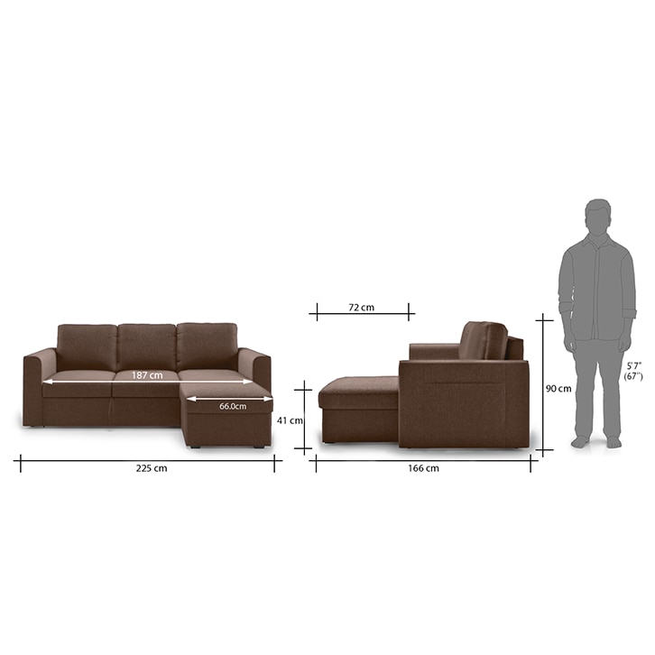 Kowloon Sectional 3 Seater Pull Out Sofa cum Bed In Daschund Brown Colour