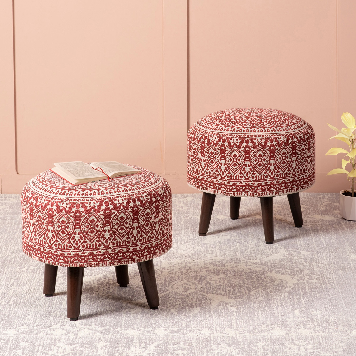 Mandala Fabric Wooden Ottoman in Red Color Set of 2 - Nestroots