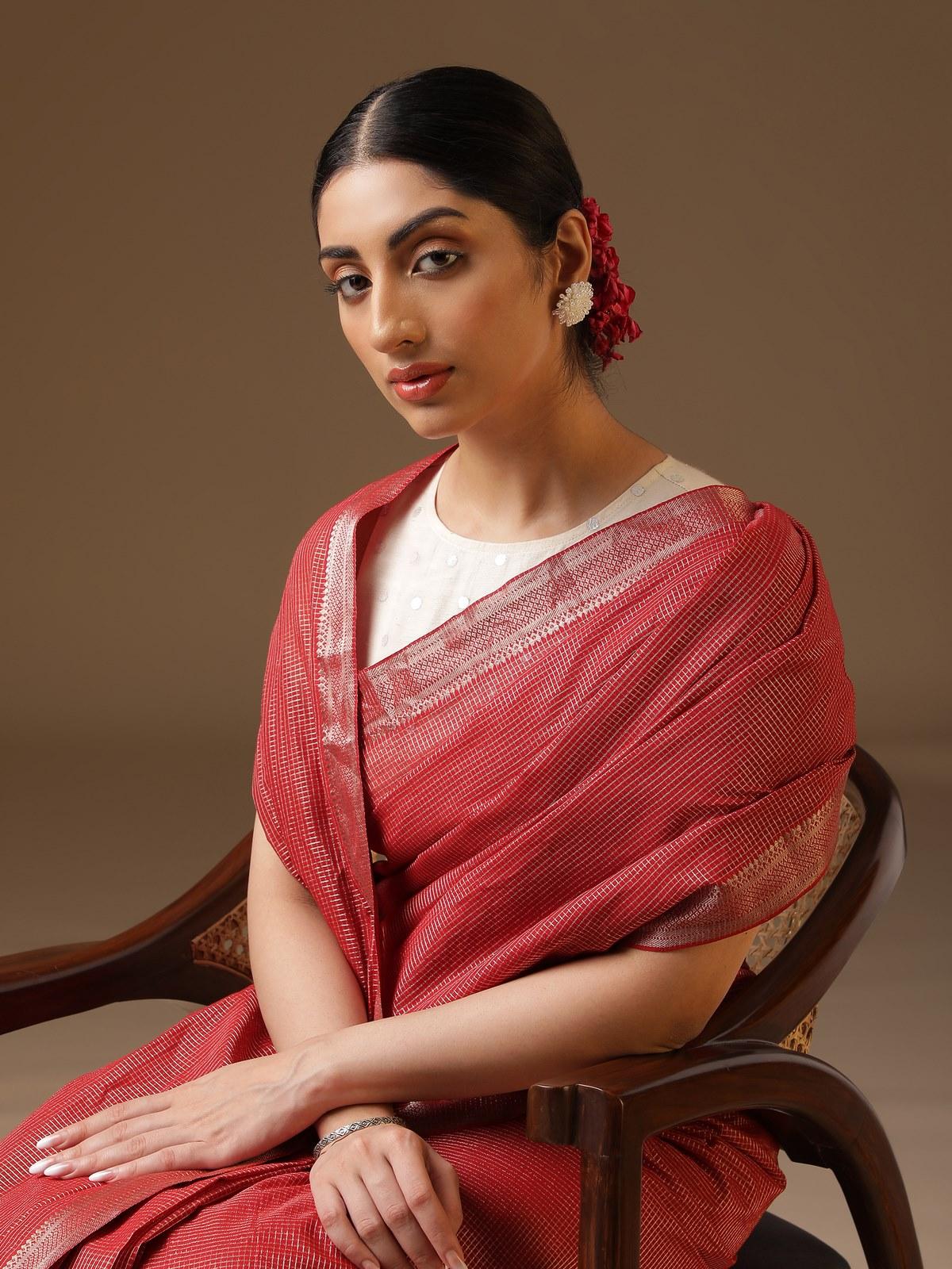 Red Cotton Blend Mangalgiri Saree