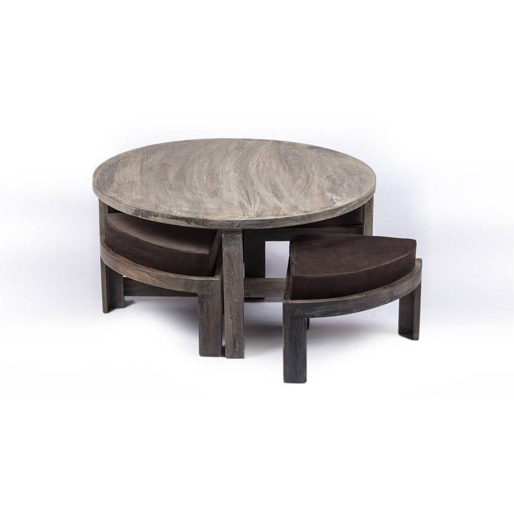 Nashville Sheesham Wood 4 Seater Coffee Table Set In Antique Grey Finish Grey Velvet Cushion