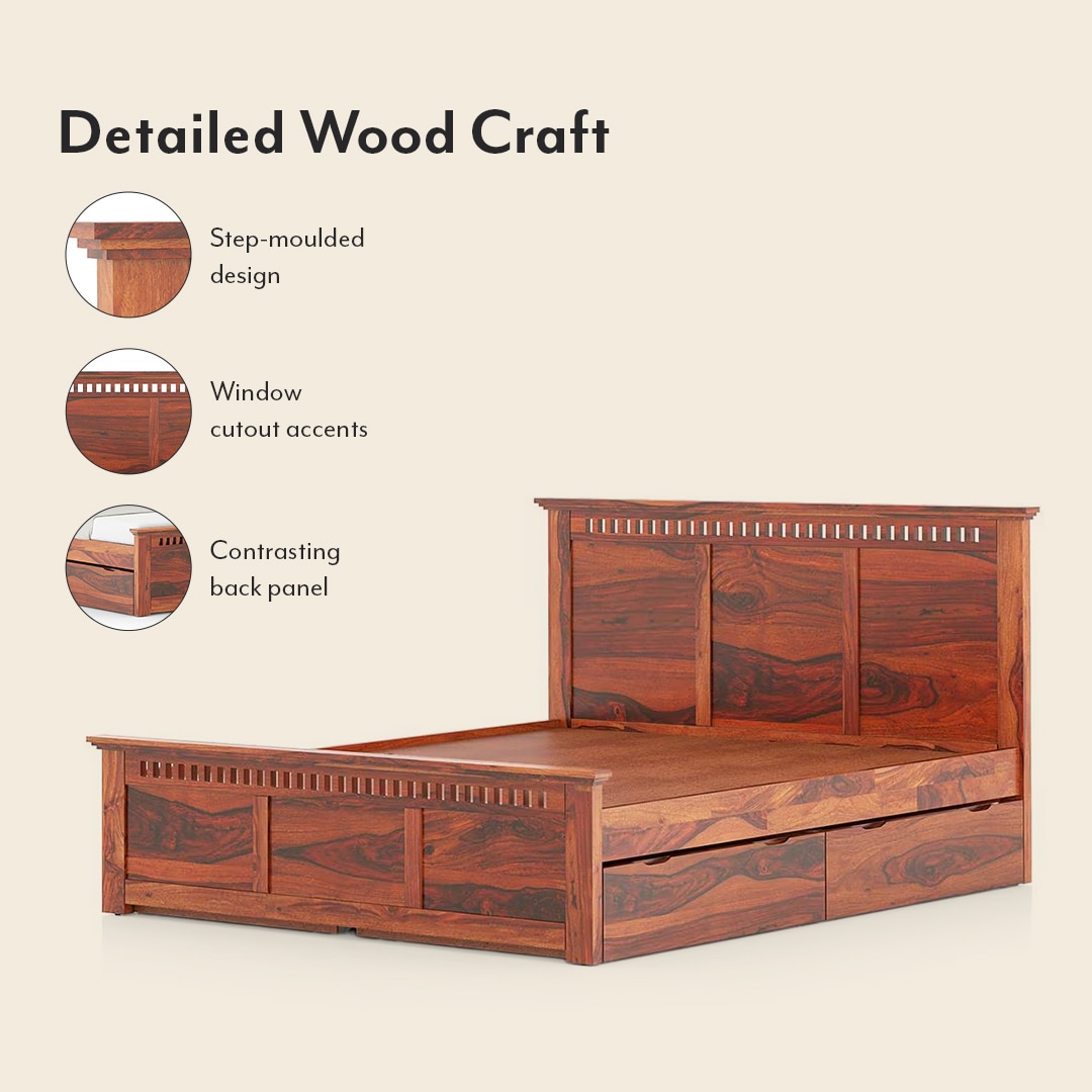 Fidora Solid Wood King 4 Drawer Storage Bed In Honey Finish