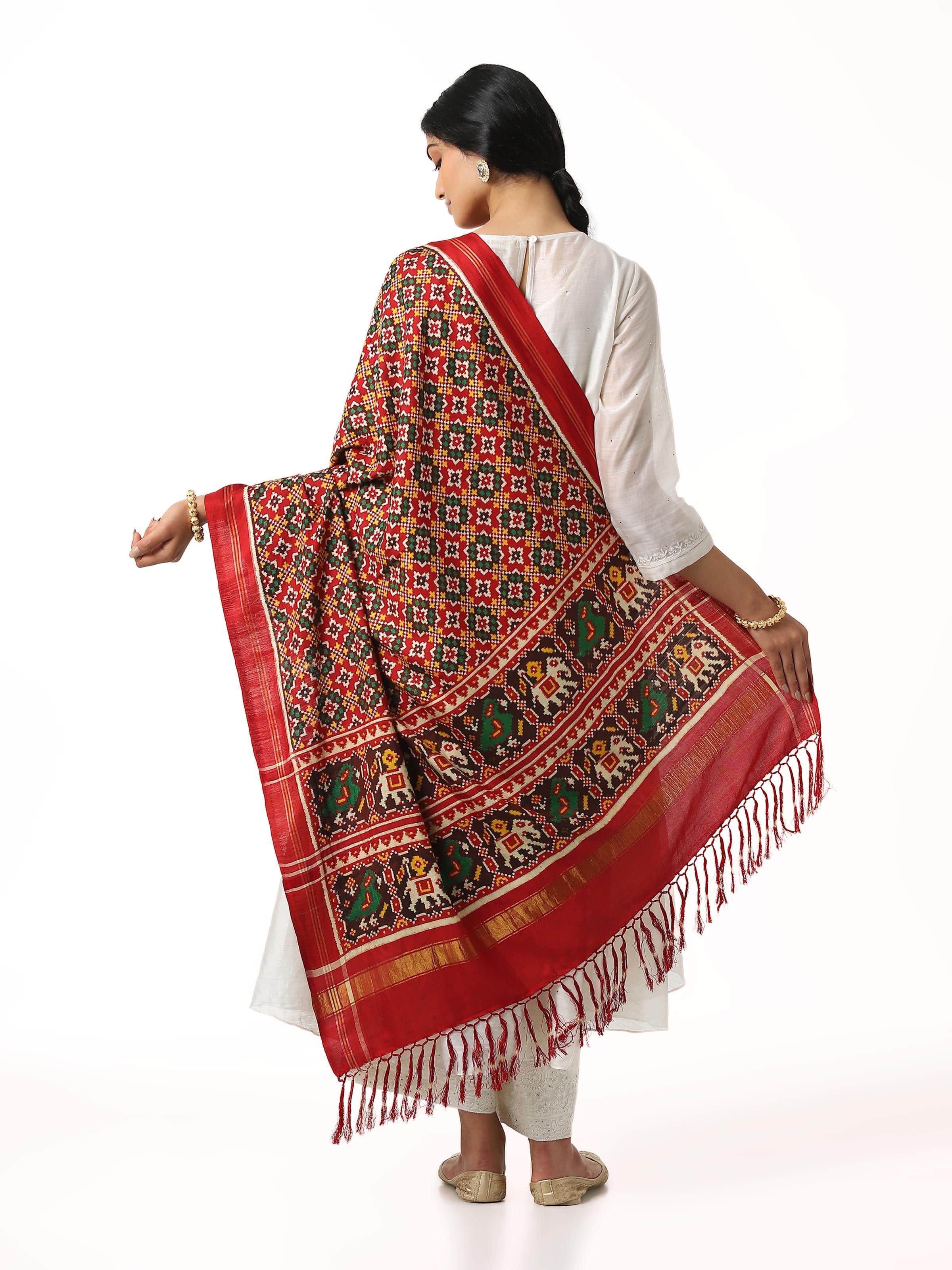 Red Ikat Patan Patola Handwoven Dupatta