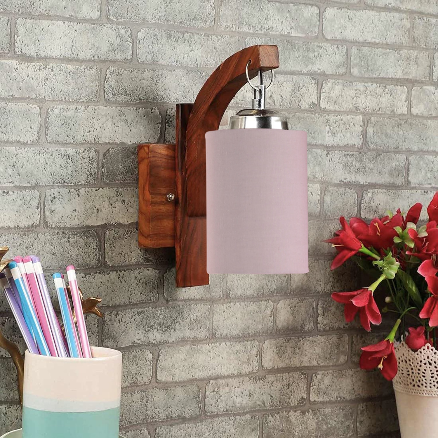 Devansh Solid Wood Electric Wall Light in Brown Colour with Grey Shade Count of 1 Light - Devansh