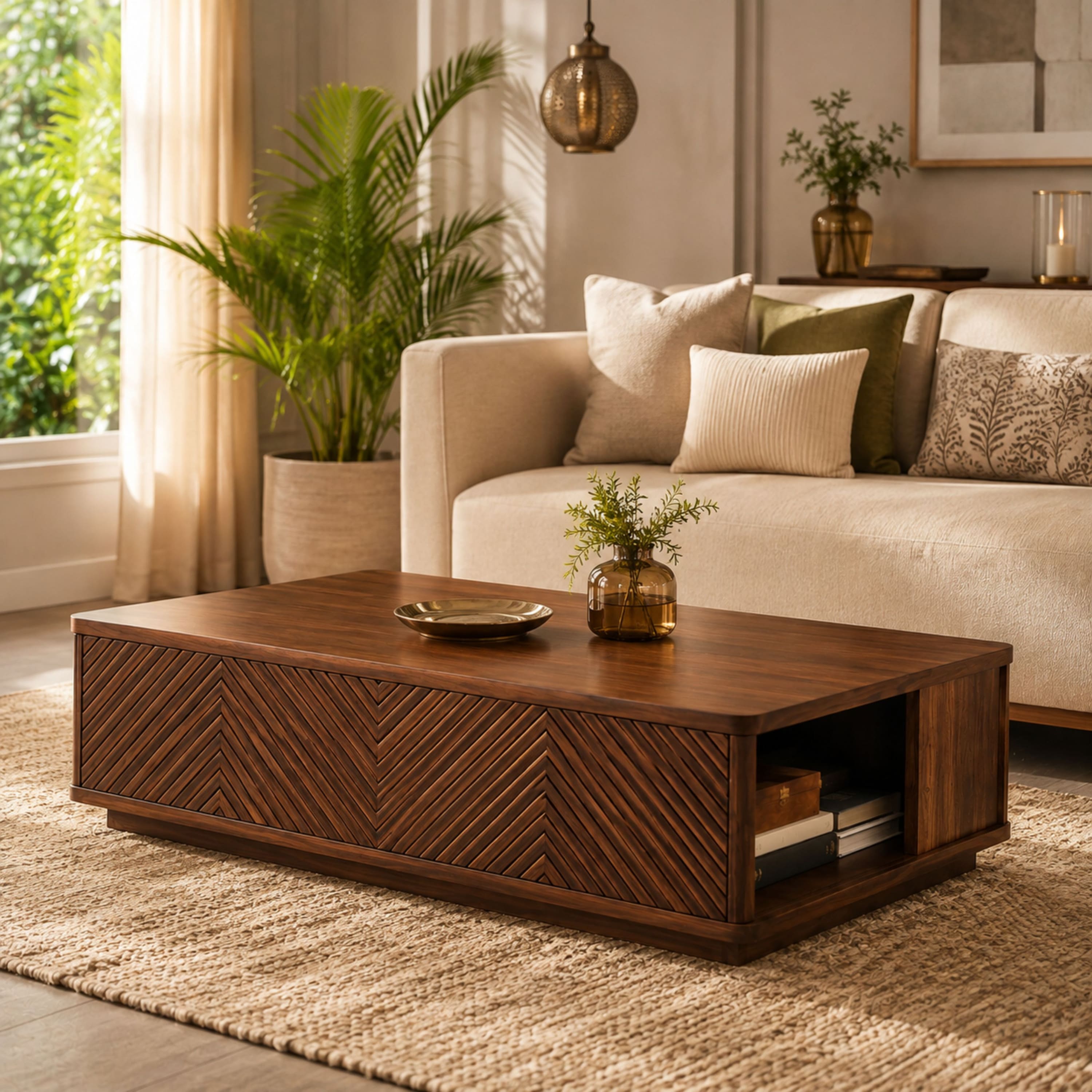 Kingsley Sheesham Wood Geometric Chevron Coffee Table in Walnut Finish - Globally Indian