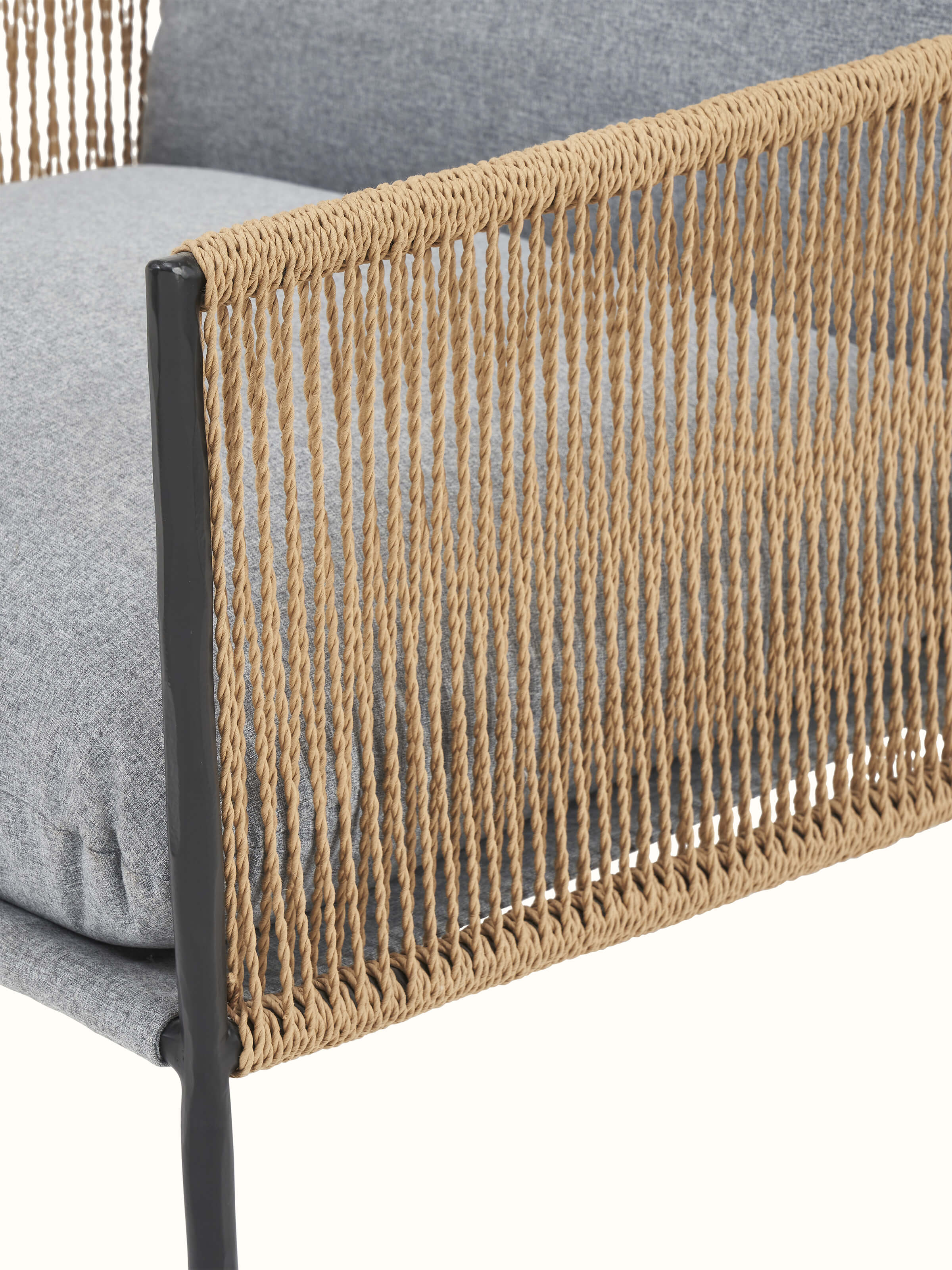 Back view of Upholstered Metal Paper Cord Weave Armchair, emphasizing the ergonomic backrest and sleek frame design.