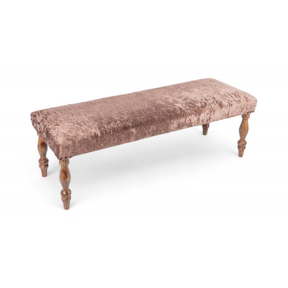 Cairo Soild Wood Bench In Velvet Brown Fabric