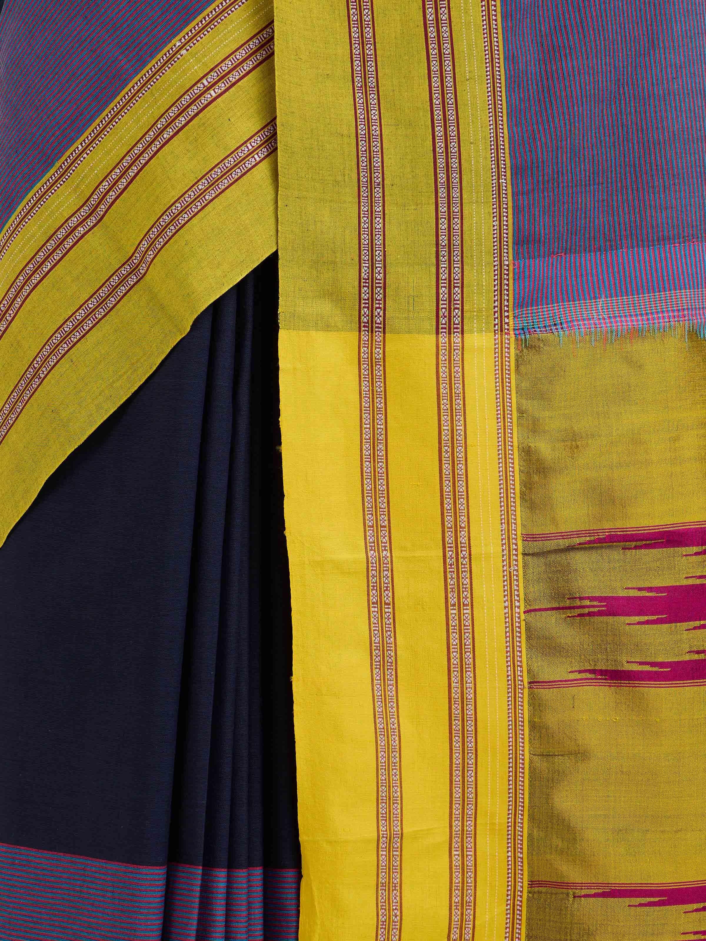 Detail view of navy blue cotton and silk Ilkal saree showcasing fabric blend and craftsmanship