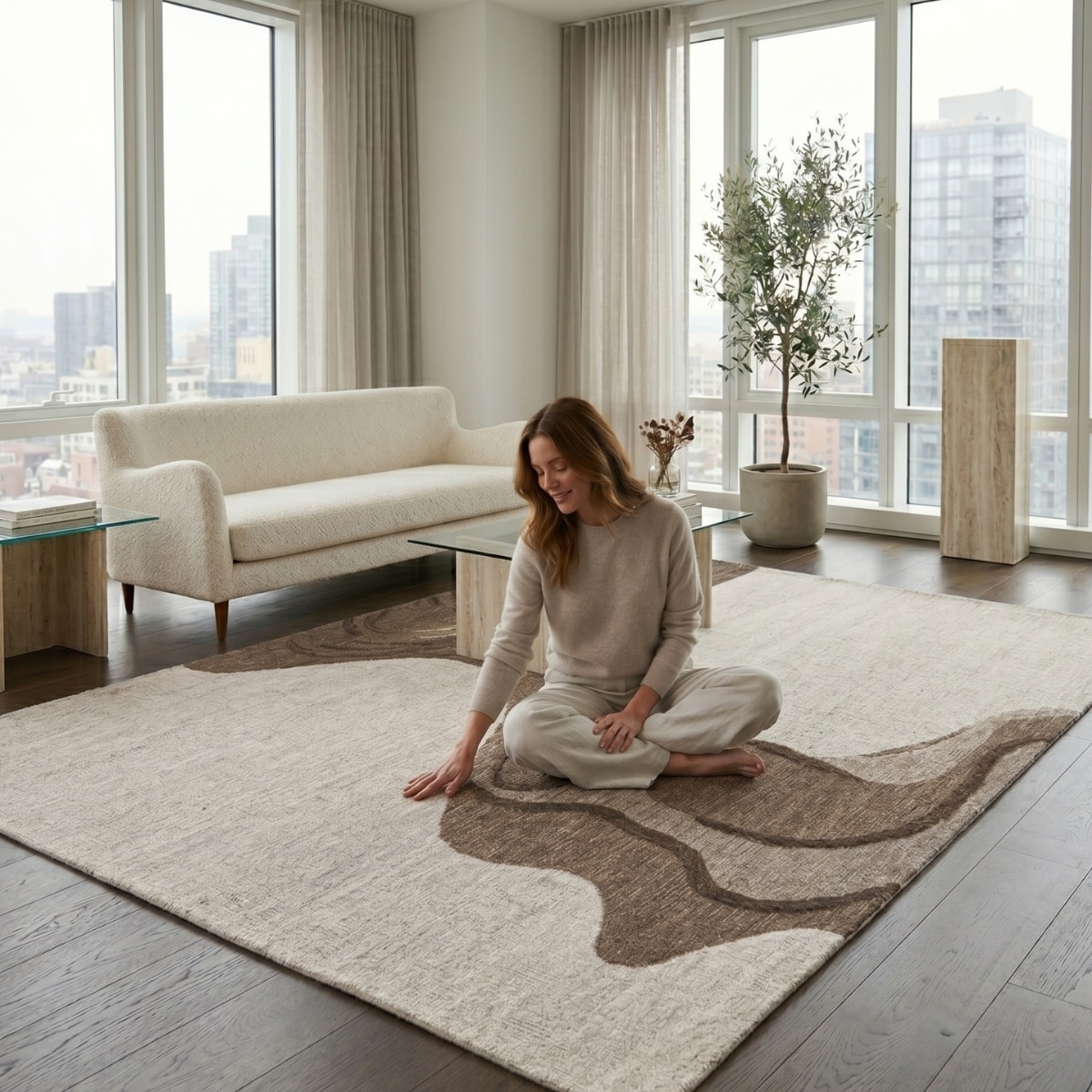 Handmade Wool Area Rug Modern Abstract Wave Brown Beige 8 x 10 Feet Carpet - NEU LOOMS