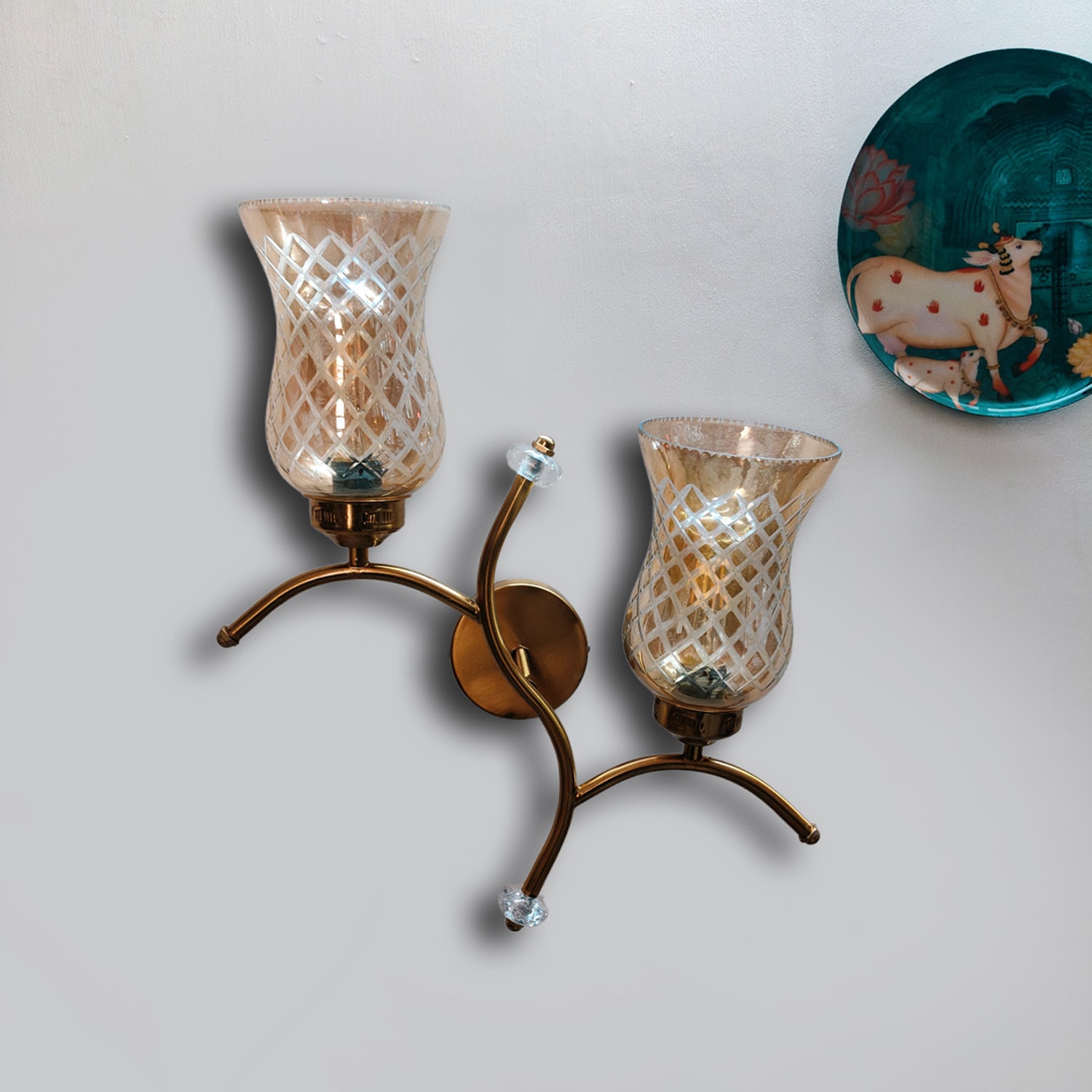 Devansh Metal Electric Wall Light in Gold Colour with Lavender Shade Count of 2 Lights - Devansh