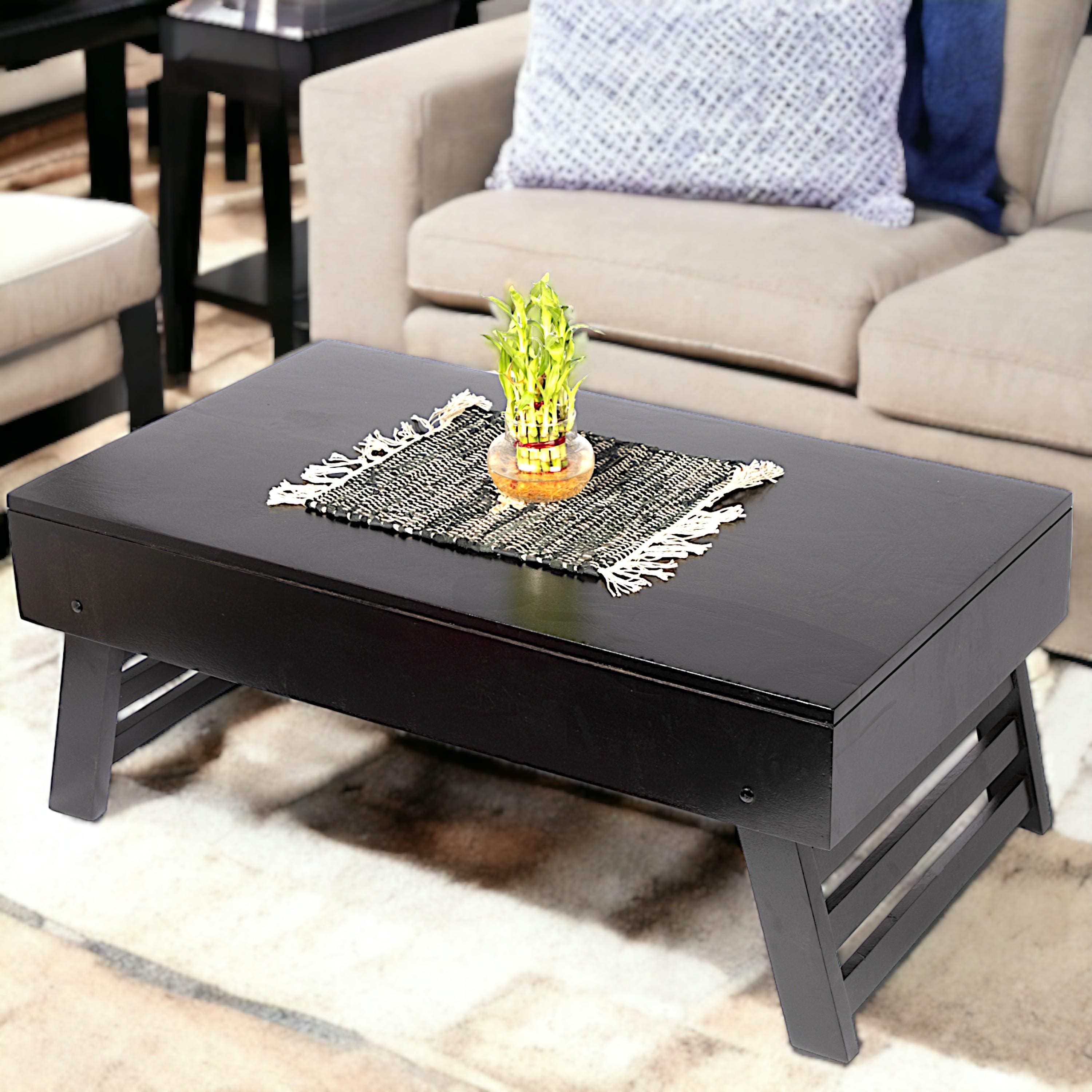Kassel Sheesham Wood Contemporary Rectangle Foldable Coffee Table In Extra Dark Mahagony Finish