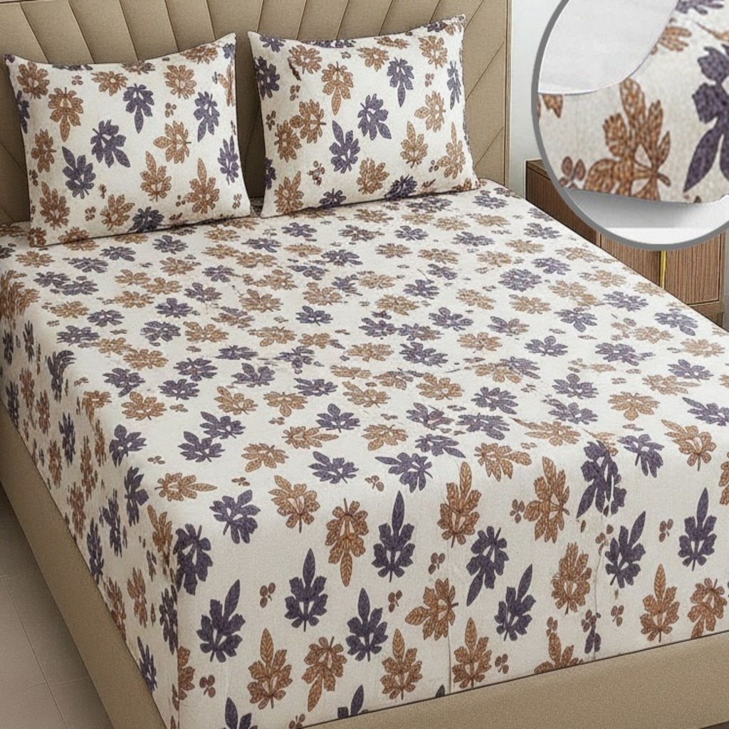 Beige Floral 270 TC Glaze Cotton Fitted Queen Size Bedsheet With 2 Pilllow Covers