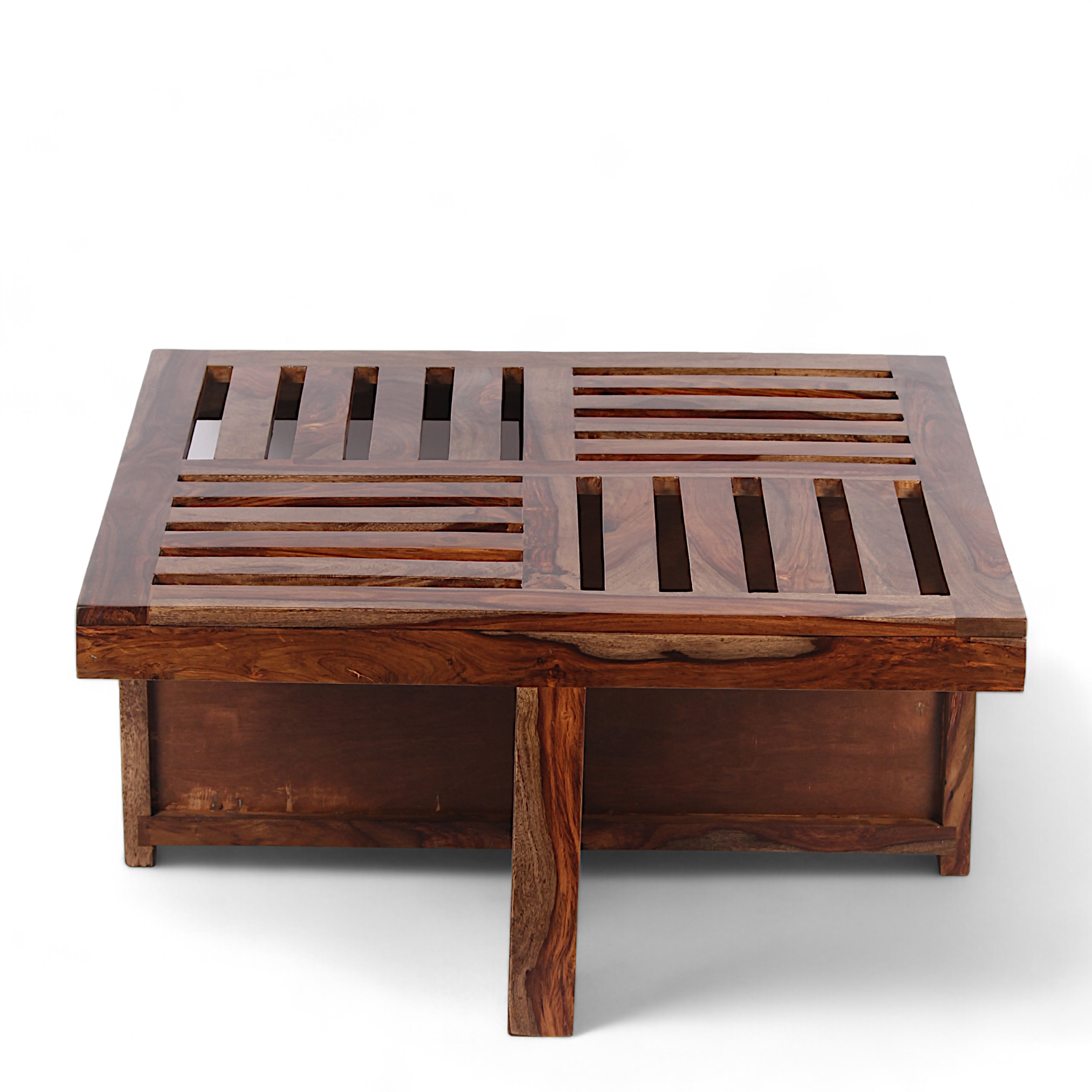 Palladio Sheesham Wood Coffee Table With 4 Stools Set In Teak Finish & Iron Grey Velvet Fabric Cushions