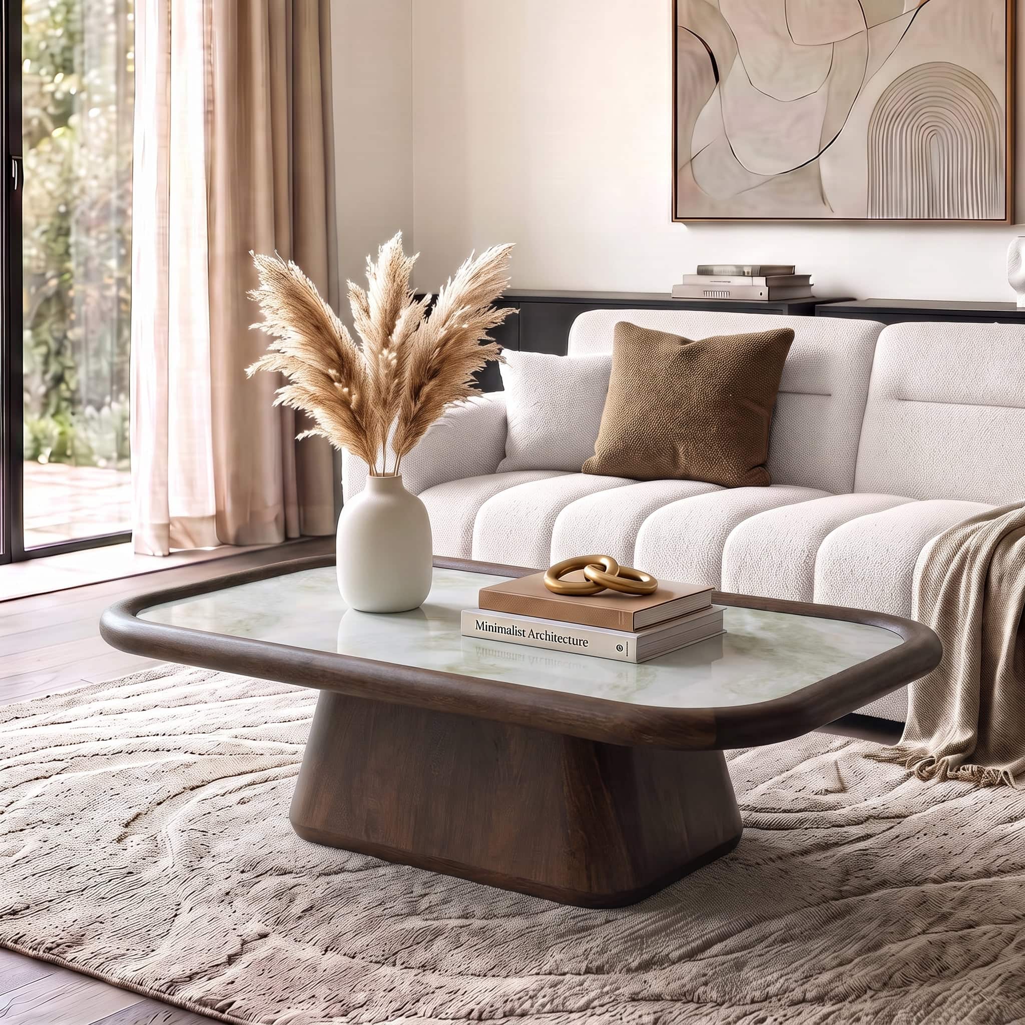 Lazo Solid Wood And Aravali Marble Rectangular Coffee Table In Dark Chestnut Finish - Urban Ladder