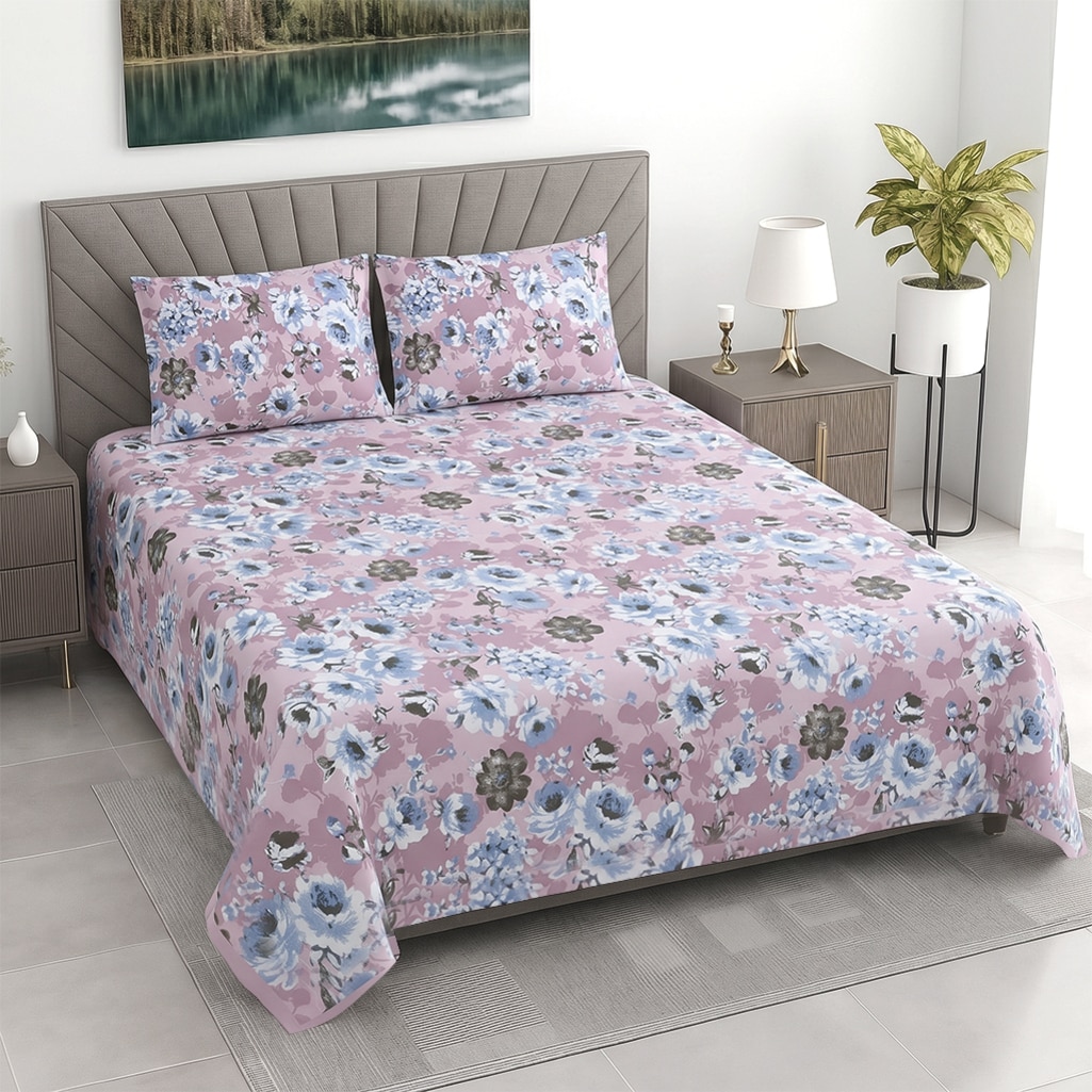 Pinkfloral 400 Tc  Cotton Flat  Super King Size Bedsheet With 2 Pillow Cover - Threads
