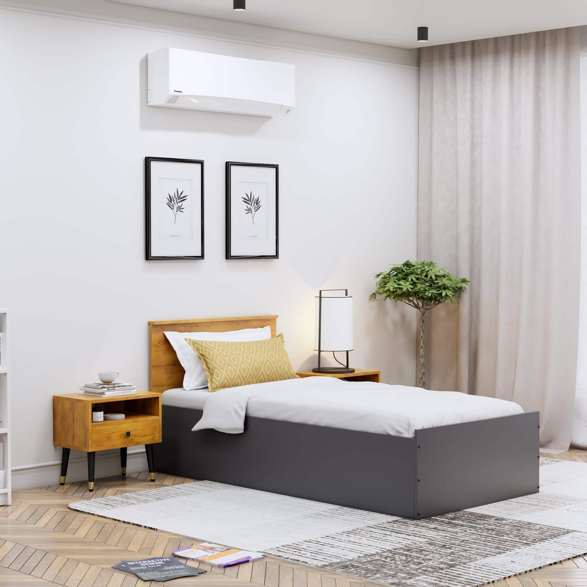 Hexa Engineered Wood Modern Single Bed With Headboard With Storage In Slate Grey And Giant Wood - HexaRed