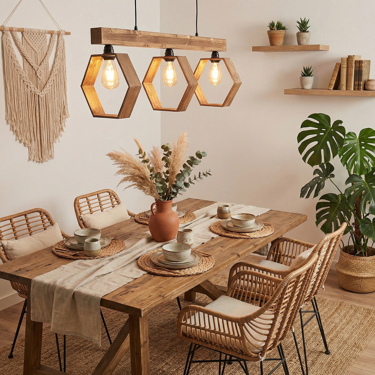 Hexagram 3 Series Brown Solid Wood Cluster Hanging Light