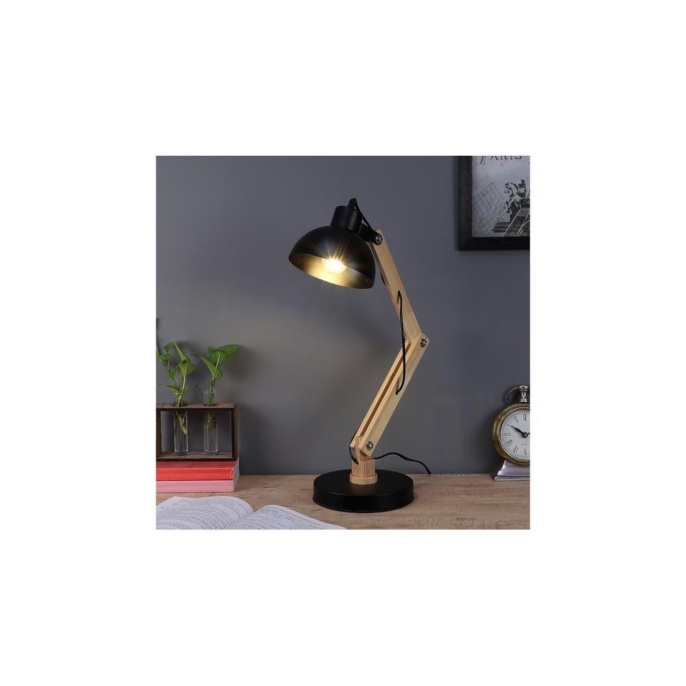 Modern Nordic Wood and Metal Study Lamp With Black Base
