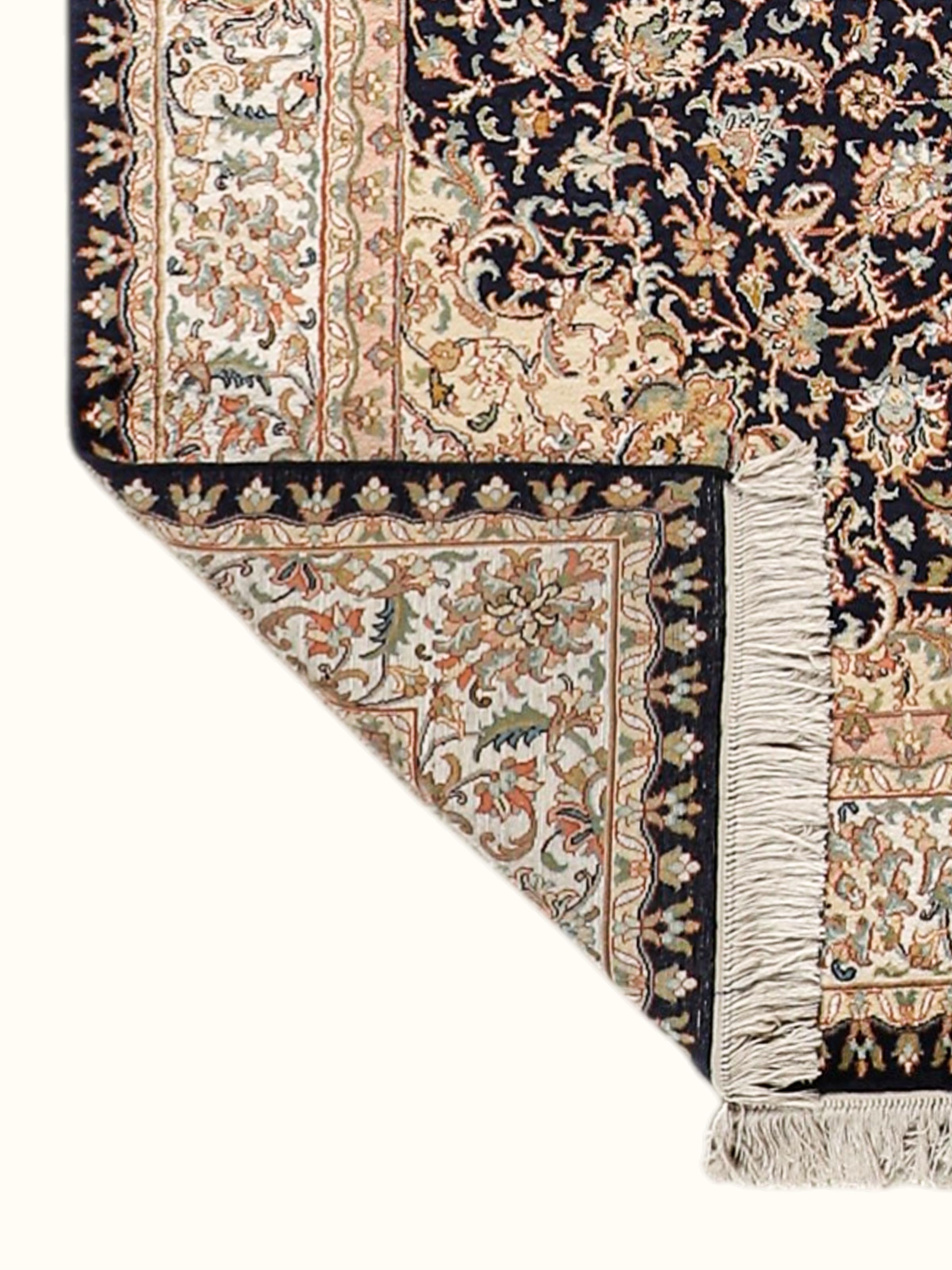Traditional Persian Navy Ivory Kashan Kashmir Silk Hand-Knotted Carpet