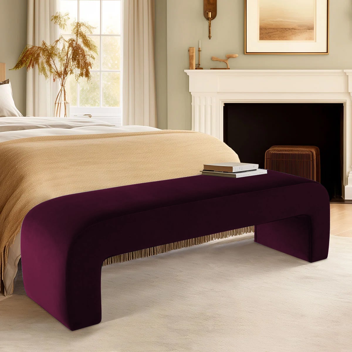 Floran Velvet 2 Seater Ottoman Bench in Red wine Color - Home Lifestylez