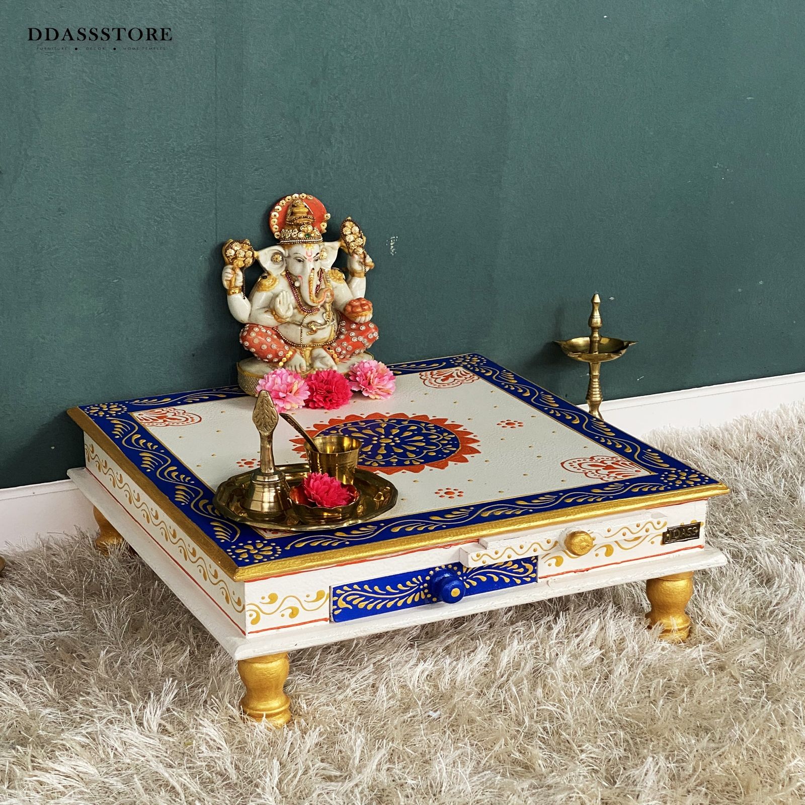 D'Dass White Mdf and Sheesham Wooden Pooja Chowki With Drawer - D'DASS