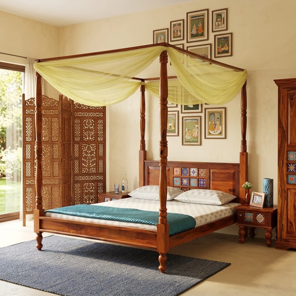 Rangrez Sheesham Wood King Size Non Storage Poster Bed in Honey Oak Finish - Woodenmood