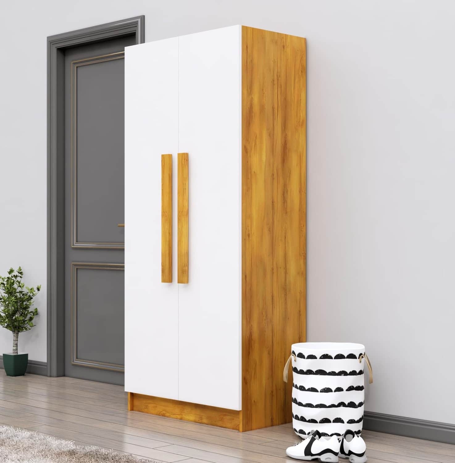 Hexa Red Wooden 2 Door Wardrobe with 4 Shelves in Giant Wood and Frosty White Colour - HexaRed