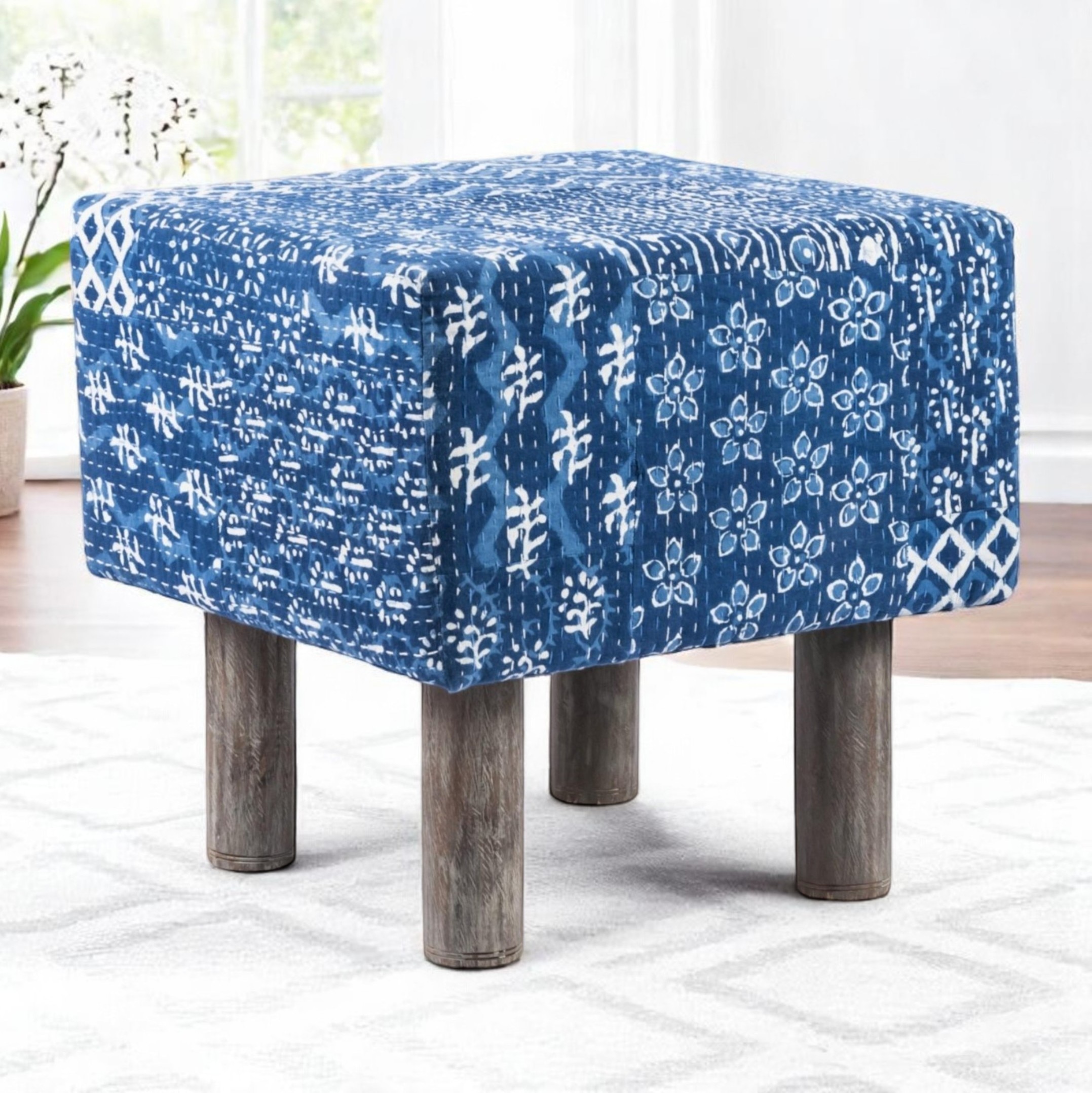 Verona Solid Wood Pouf Stool in Indigo Patch Kantha Fabric - Ikiriya