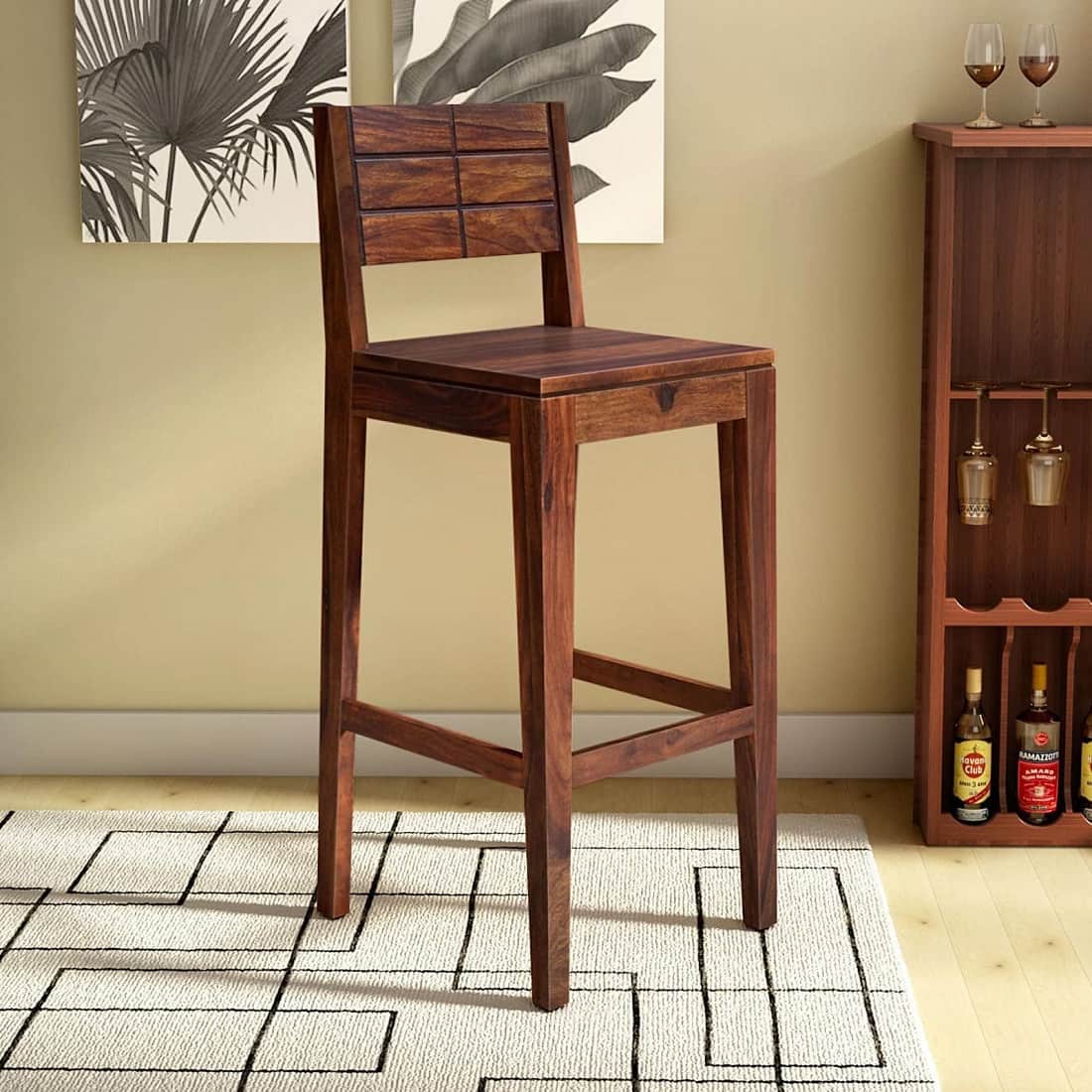 Smith Solid Sheesham Wood Bar Chair In Teak Finish - Demiwall