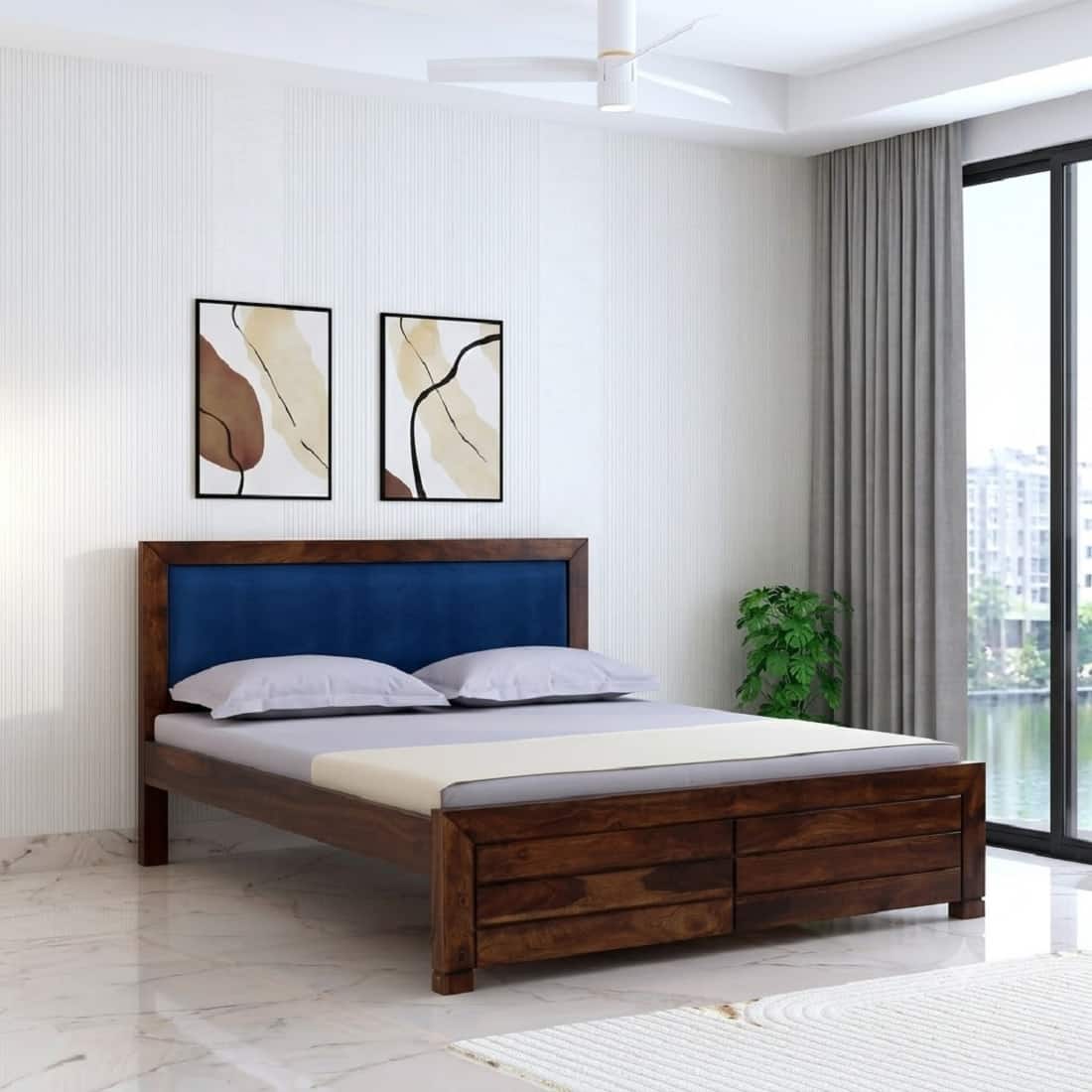 Dhunja Solid Sheesham Wood King Size blue Upholstered Bed In Provincial Teak Finish - Demiwall
