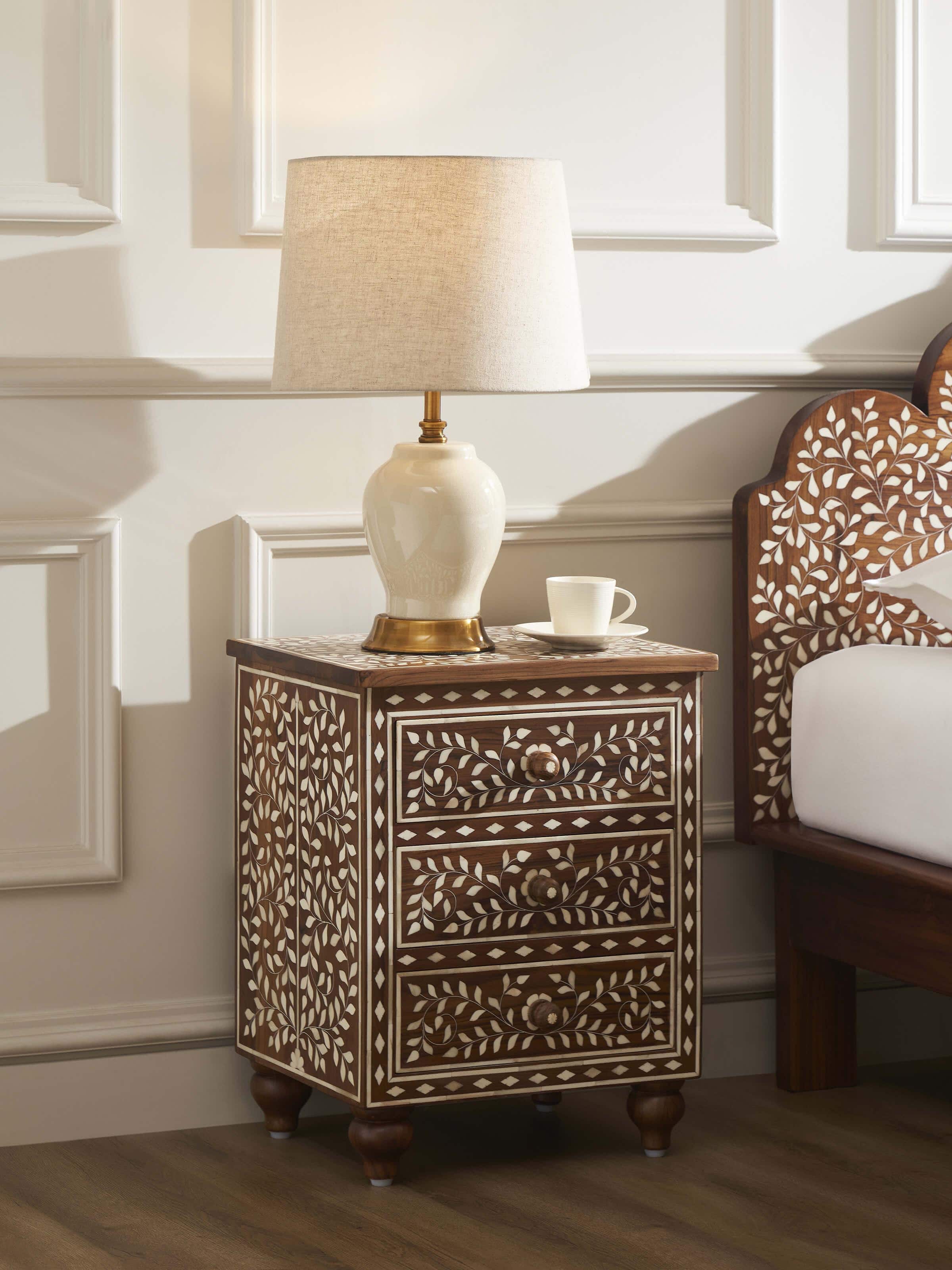 Teak Wood Inlay Bedside Table