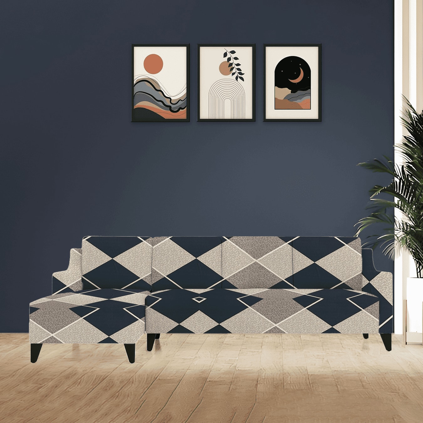Left Aligned 3 Seater Left Aligned Chaise Navy Cubes Sofa Cover
