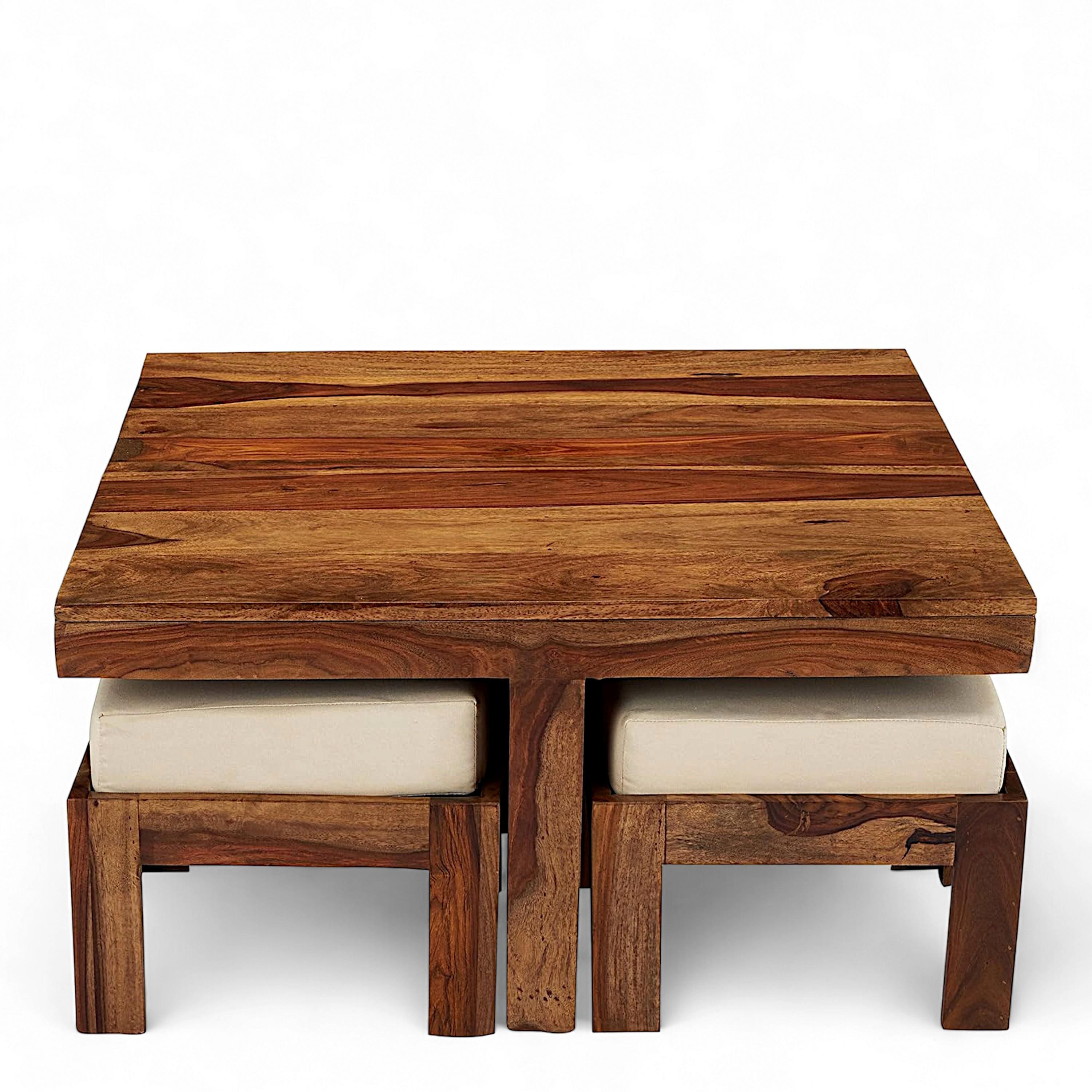 Blane Sheesham Wood Accent Coffee Table Set With 4 Stools In Natural Teak Finish