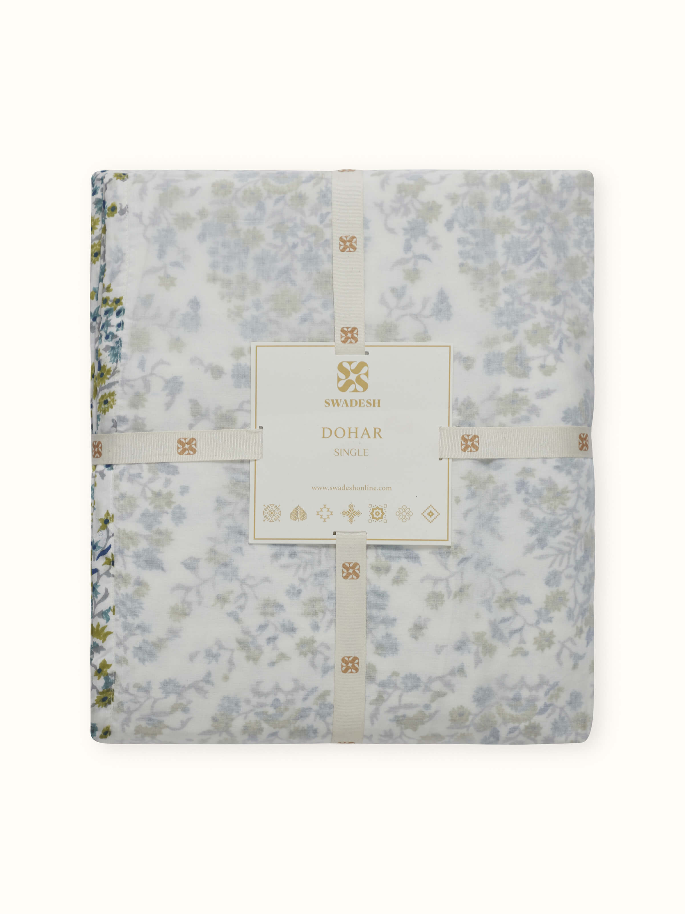 Back view of single blue paisley cotton dohar with clean finishing and soft texture.